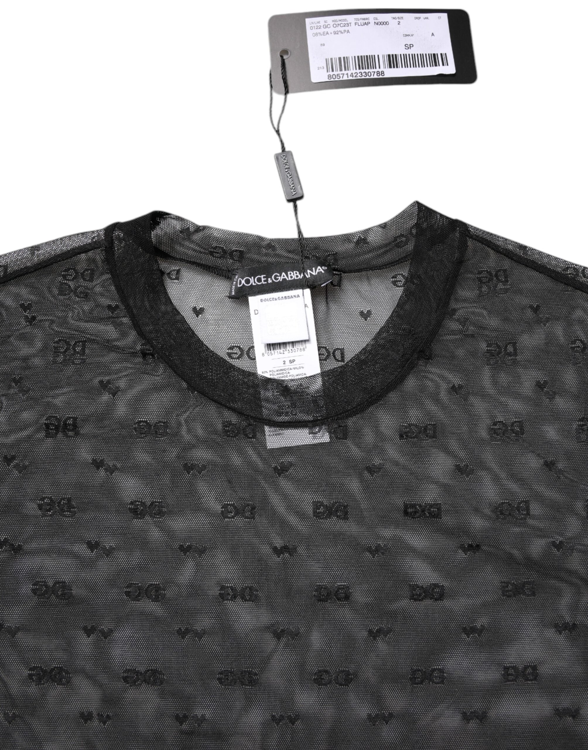 Black Nylon Sheer Logo Monogram Crew Neck Top