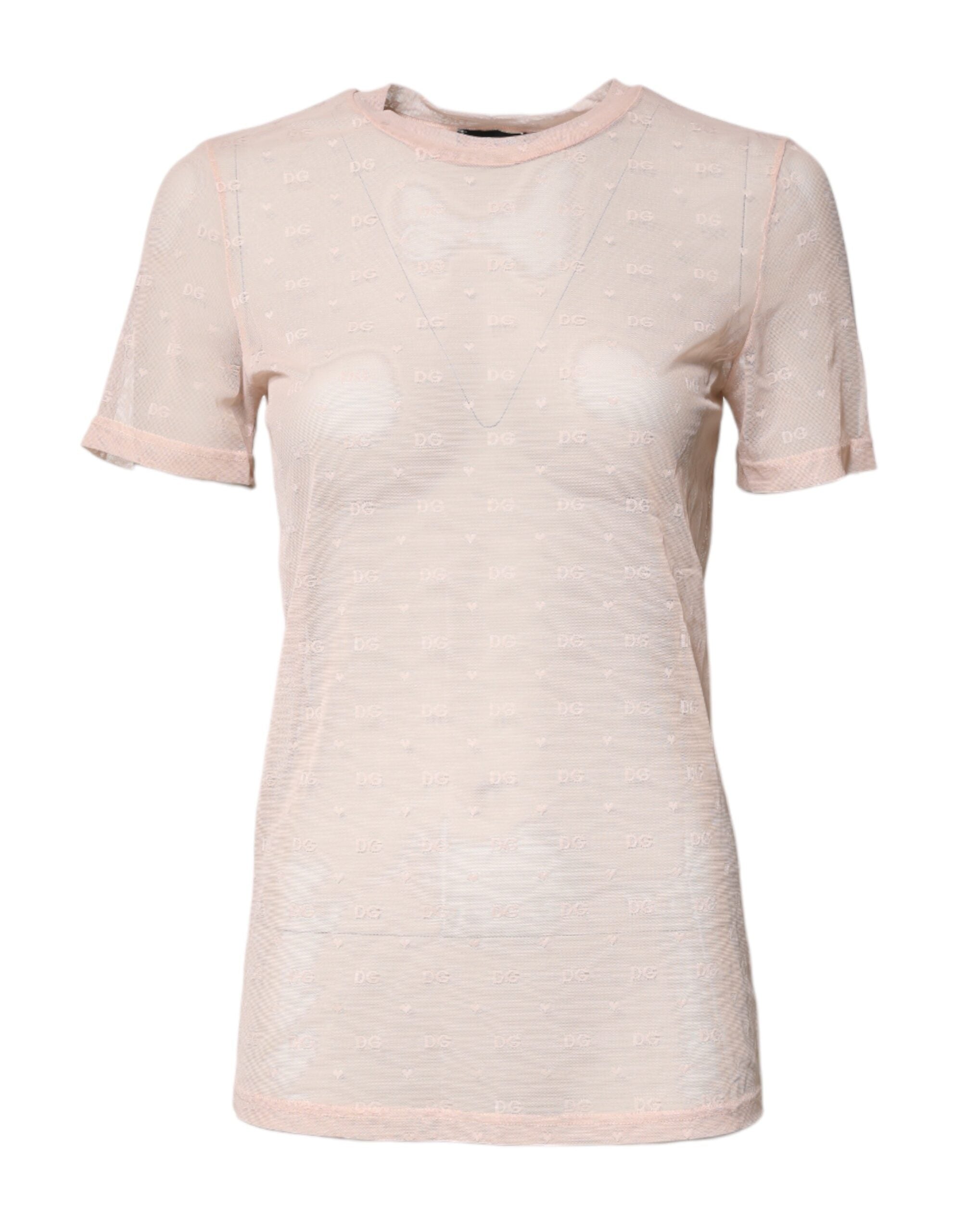 Beige Nylon Sheer Logo Monogram Crew Neck Top