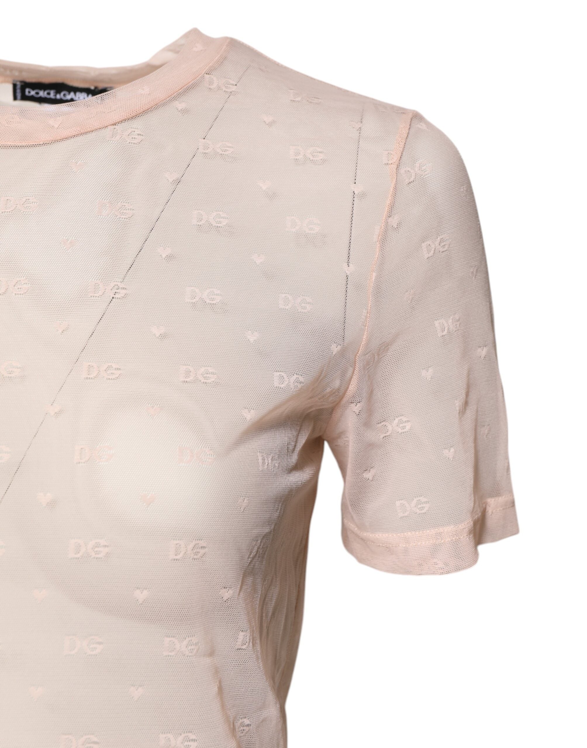 Beige Nylon Sheer Logo Monogram Crew Neck Top