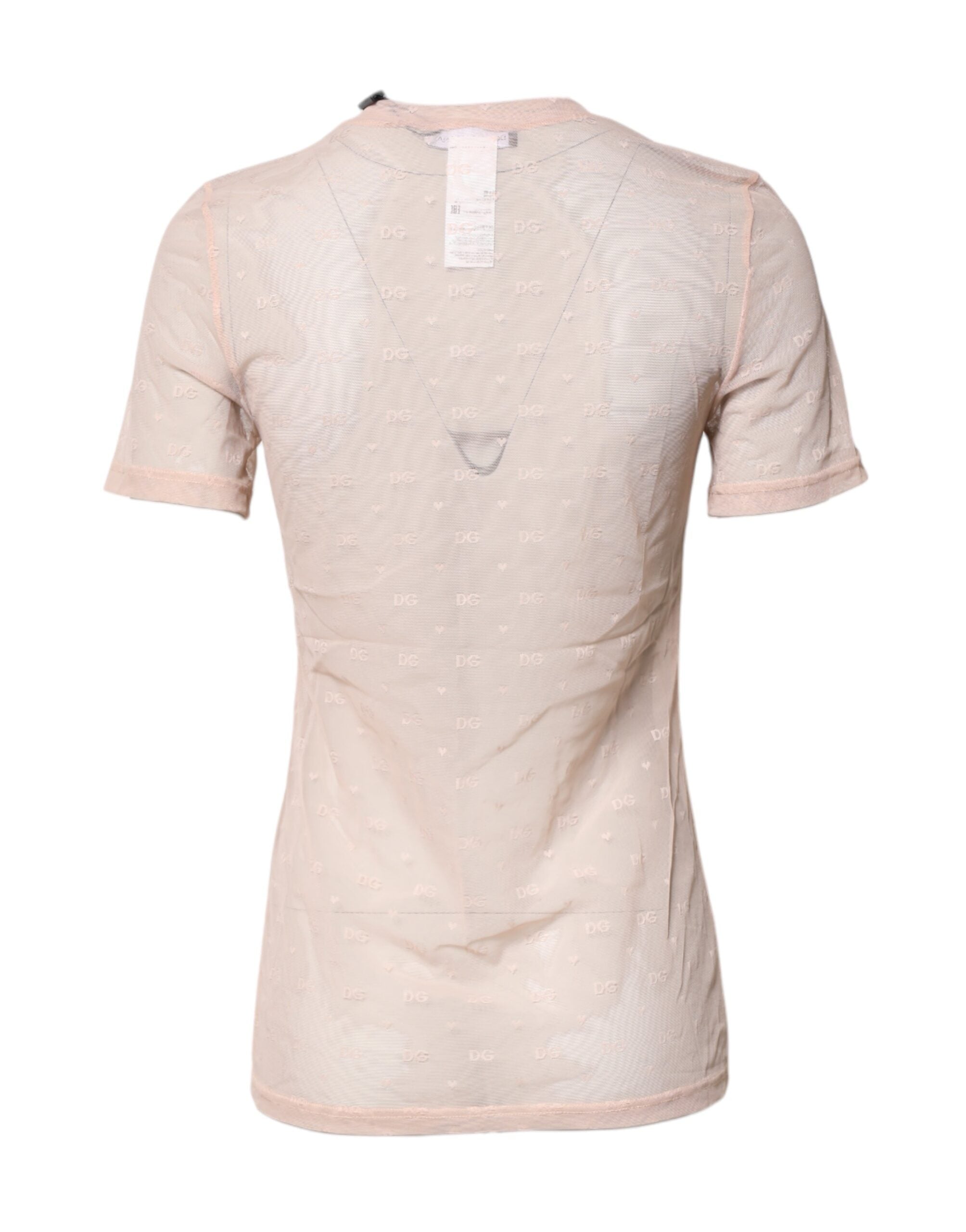 Beige Nylon Sheer Logo Monogram Crew Neck Top