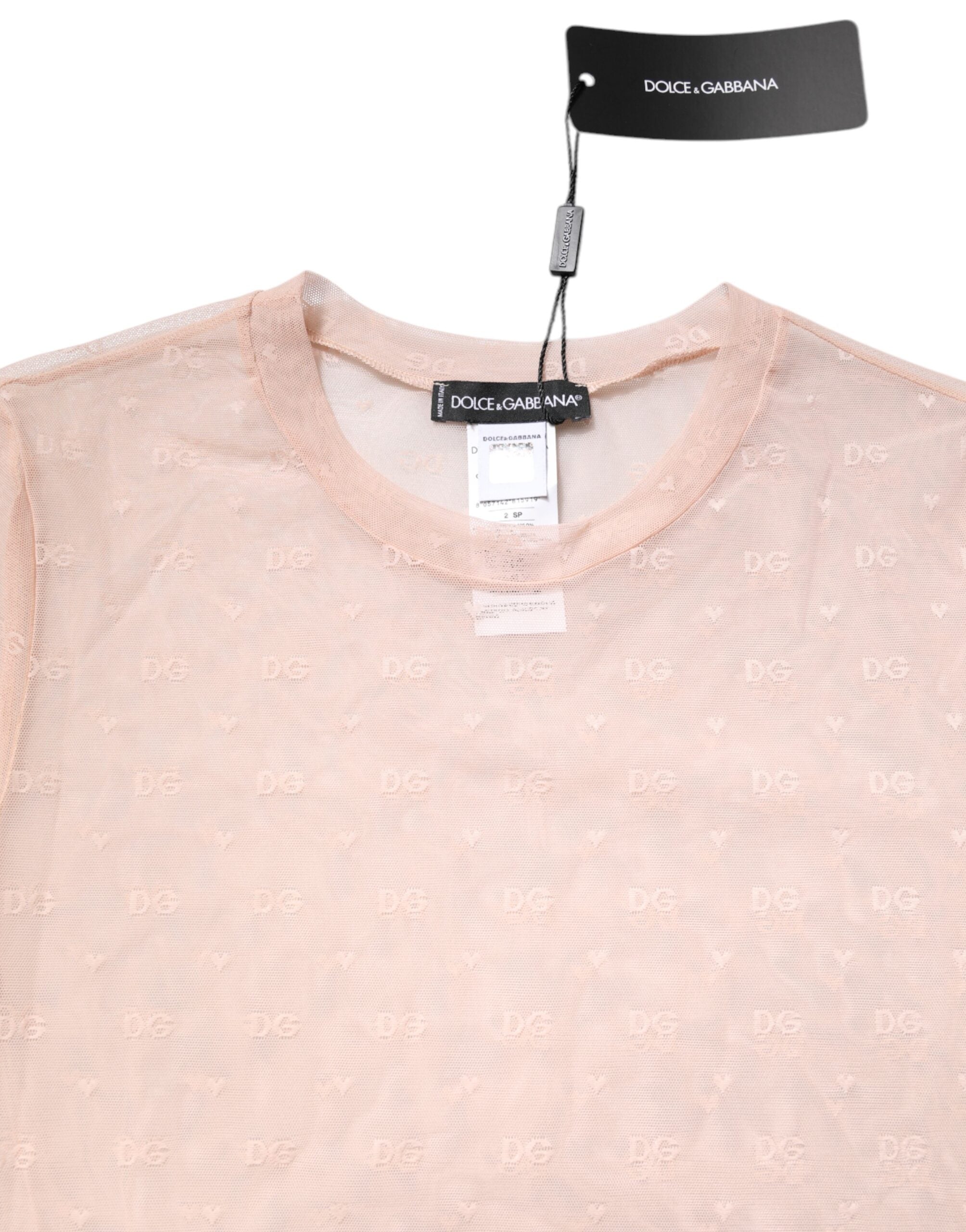 Beige Nylon Sheer Logo Monogram Crew Neck Top
