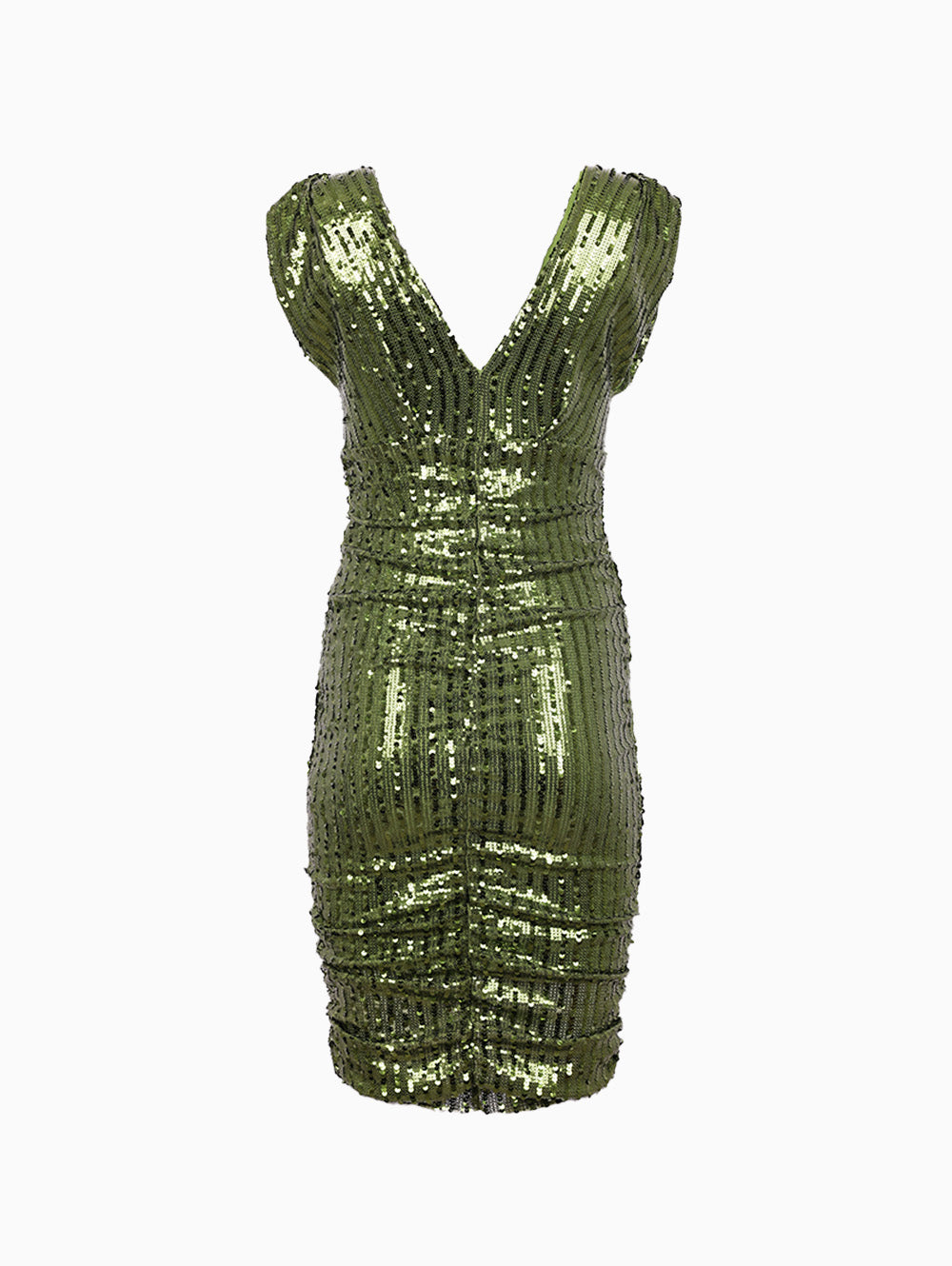 Close-up back view of Siste’s green sequin bodycon dress on model