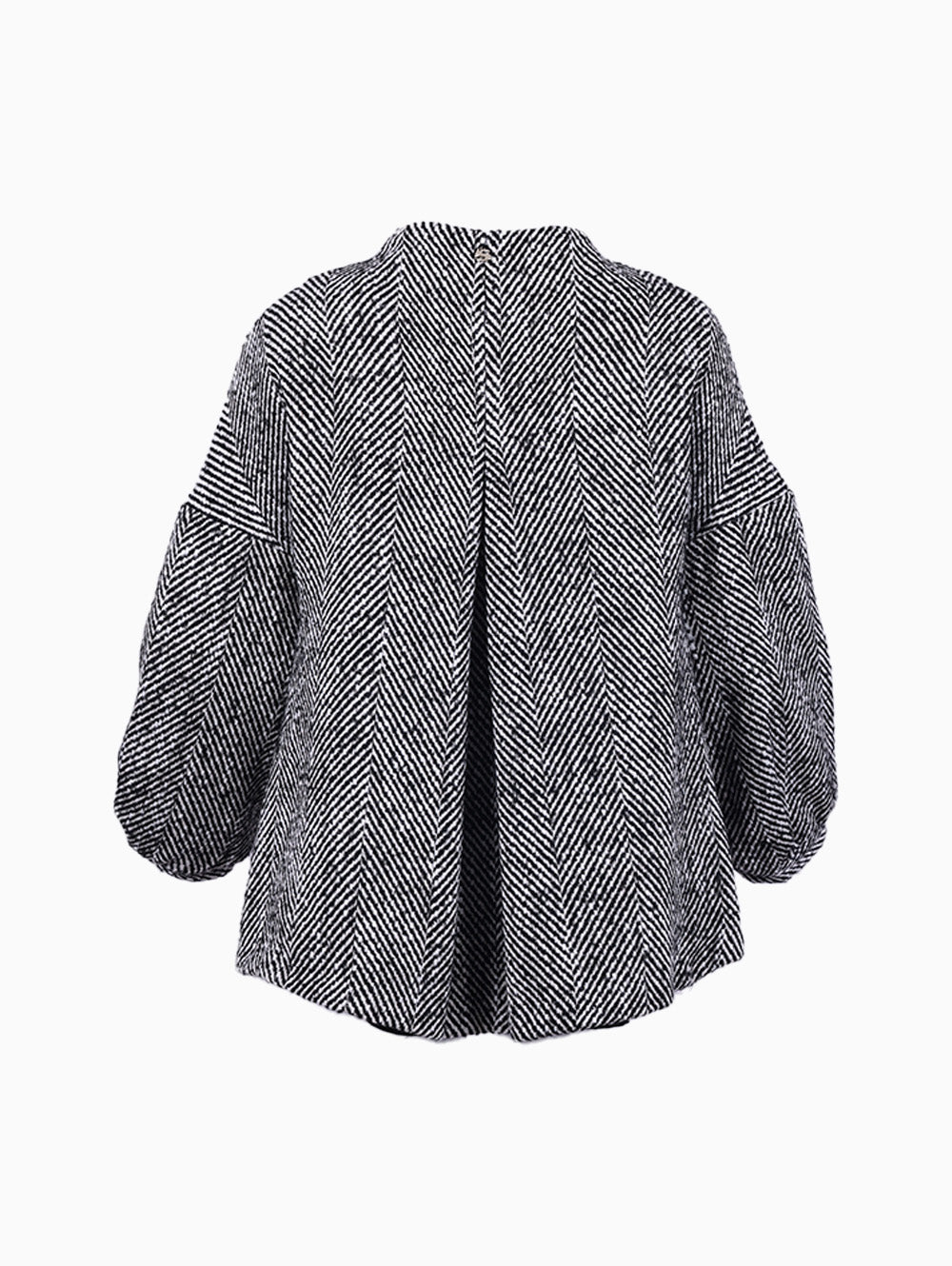 Siste’s Torn Coat back view with pleat detail in black and white herringbone – Luxe Marca