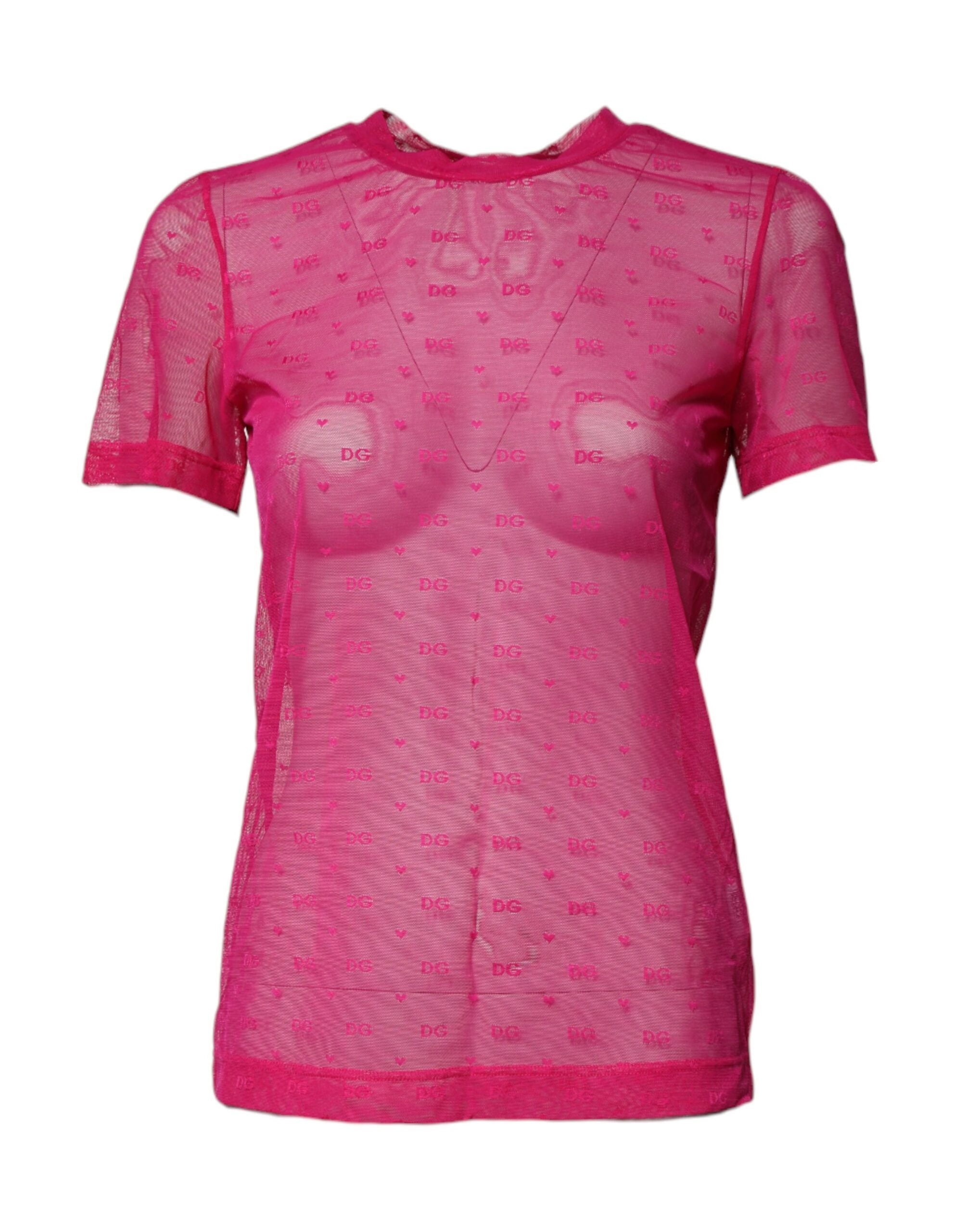 Pink Nylon See Through Women Short Sleeves Top