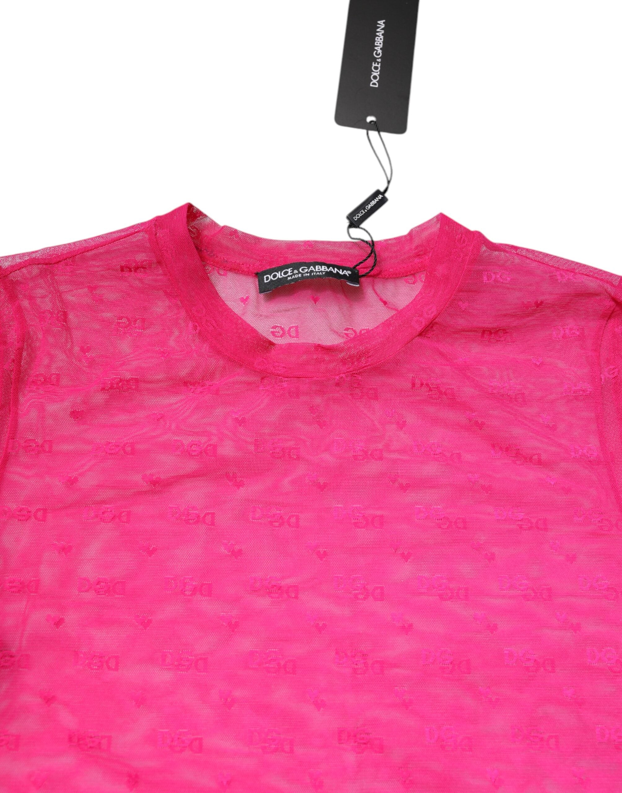 Pink Nylon See Through Women Short Sleeves Top