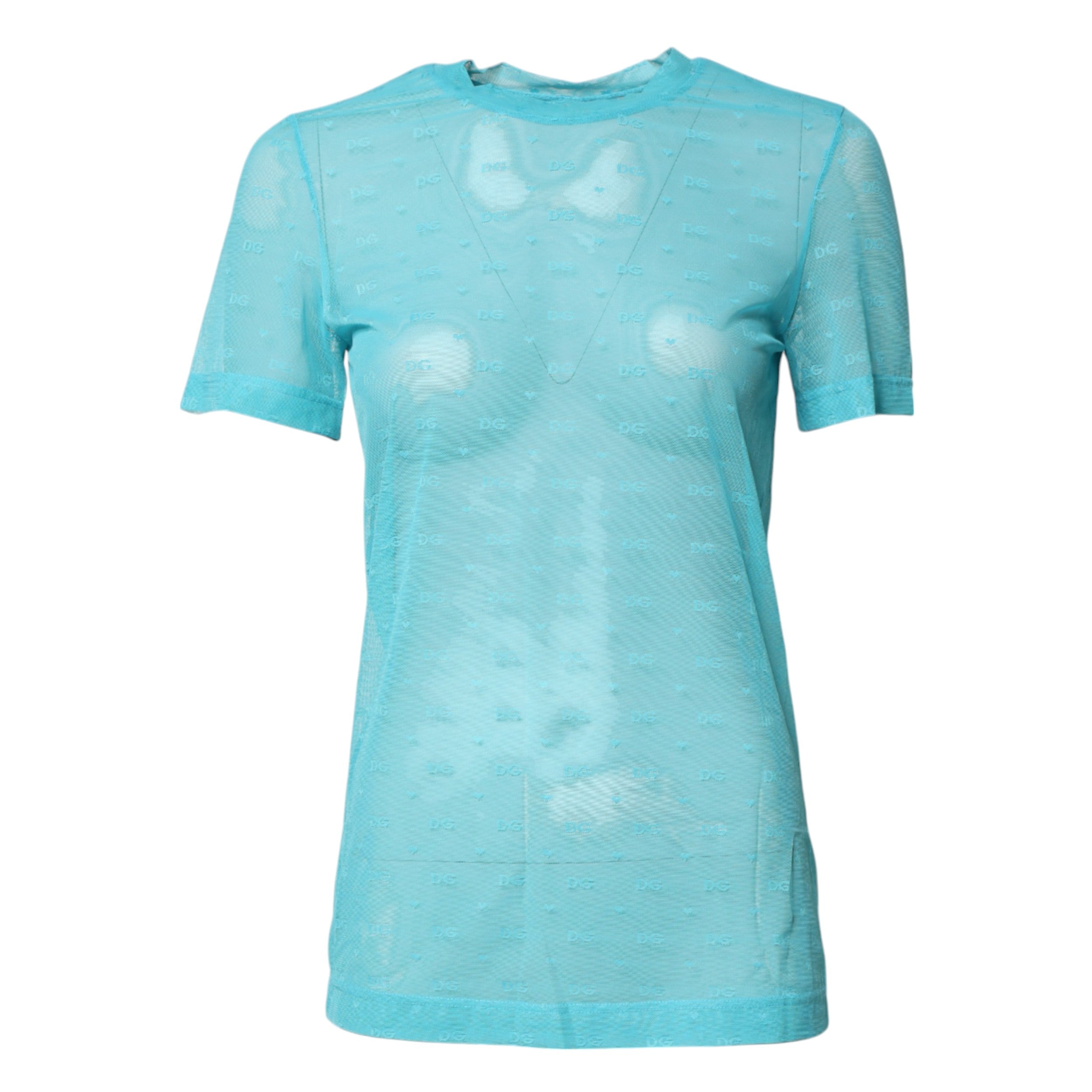 Blue Nylon See Through Women Short Sleeves Top