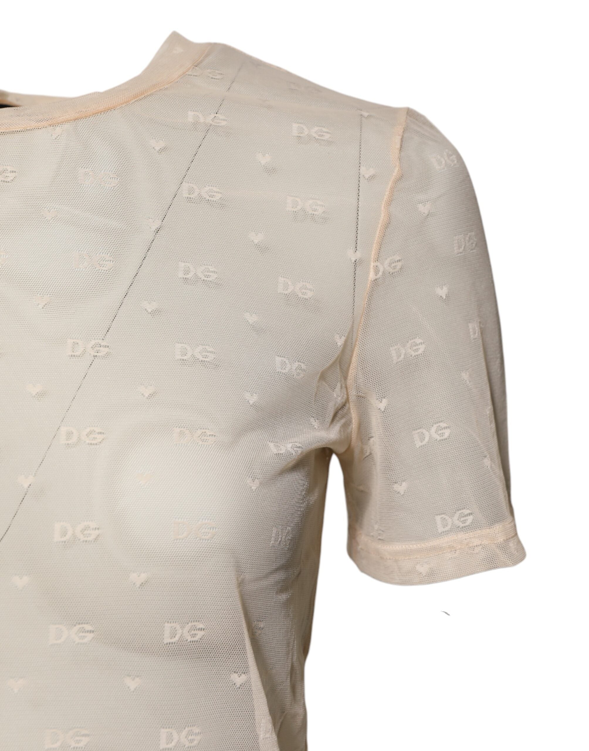 Ivory Nylon See Through Women Short Sleeves Top