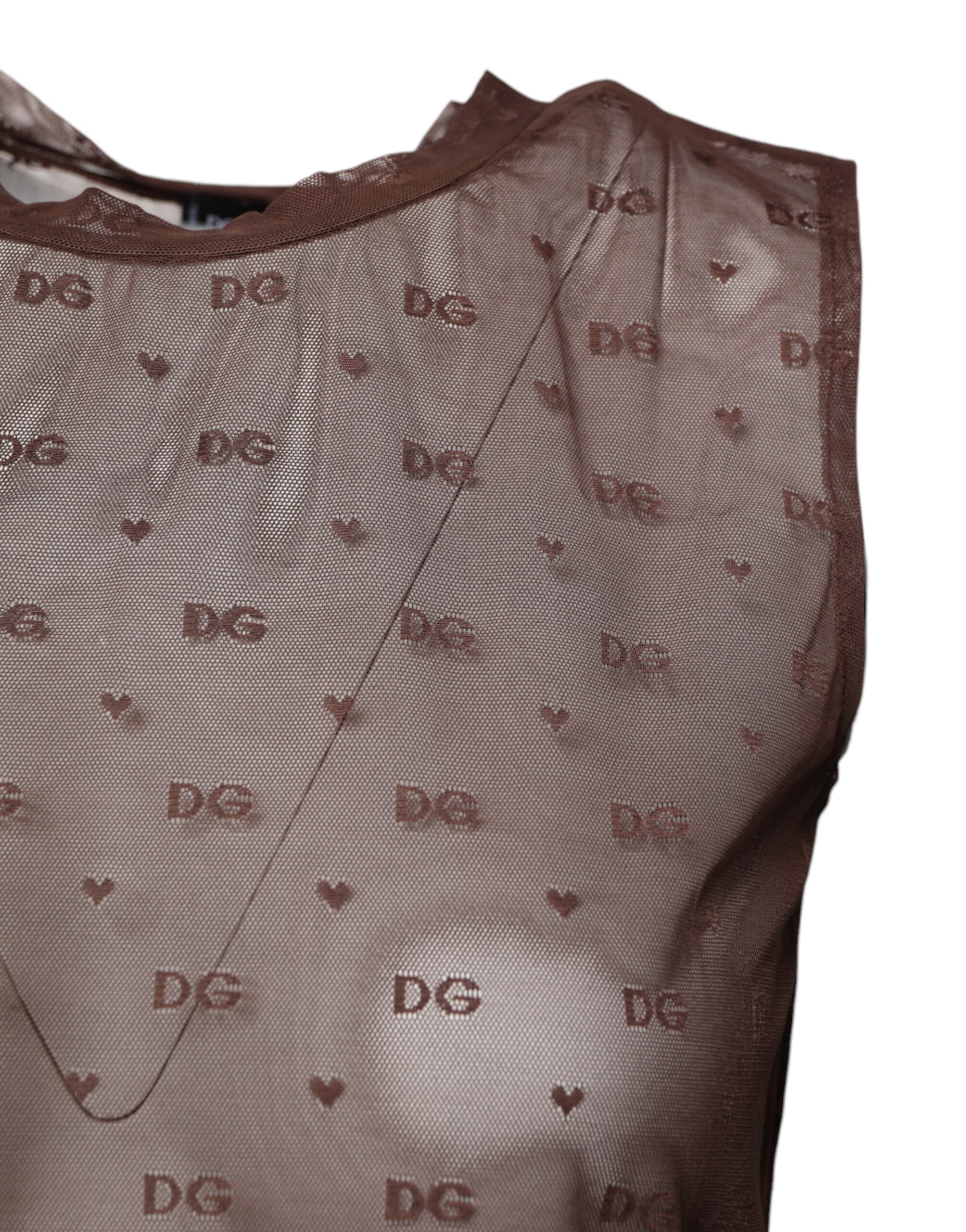 Brown Nylon See Through Women Sleeveless Tank Top