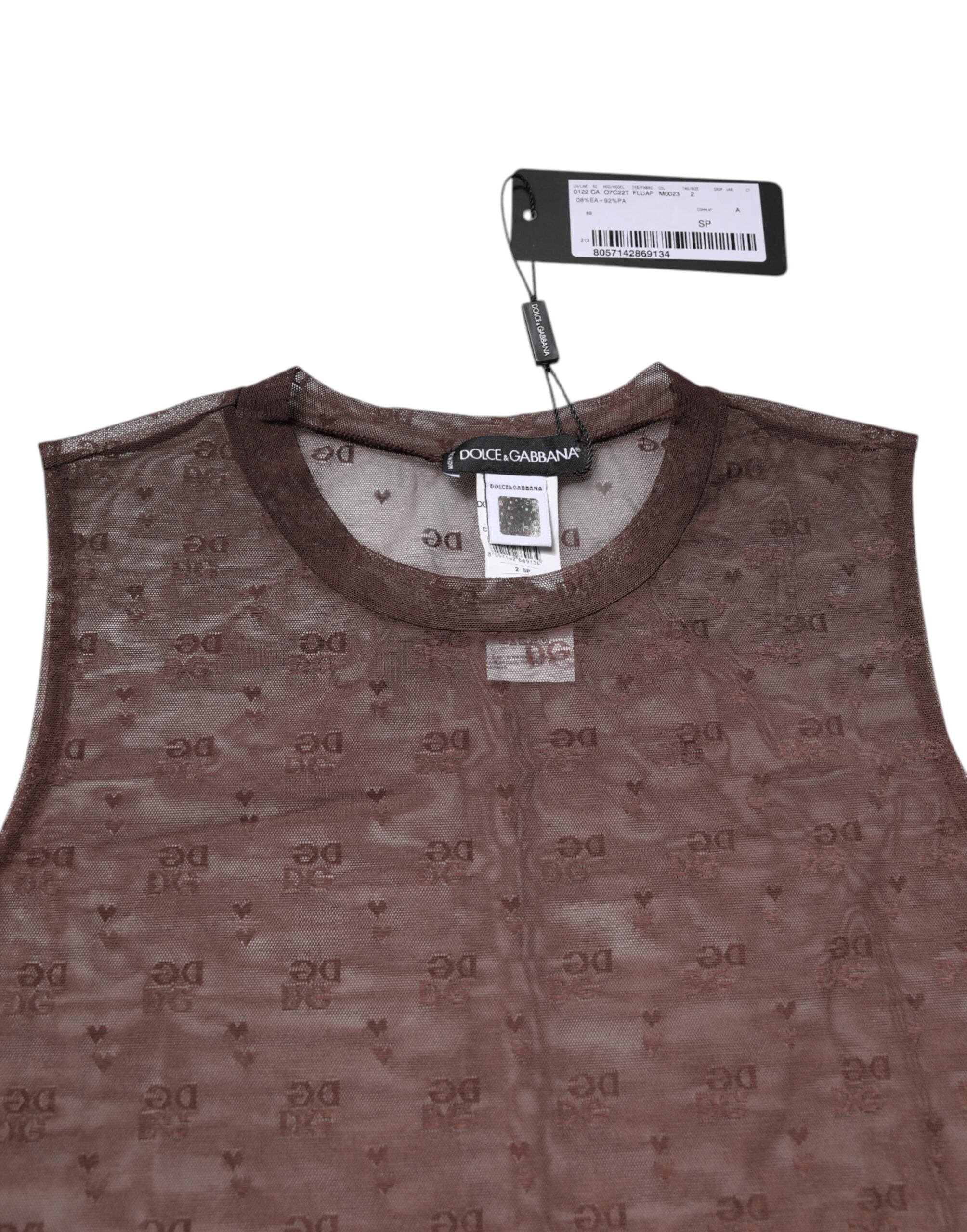 Brown Nylon See Through Women Sleeveless Tank Top