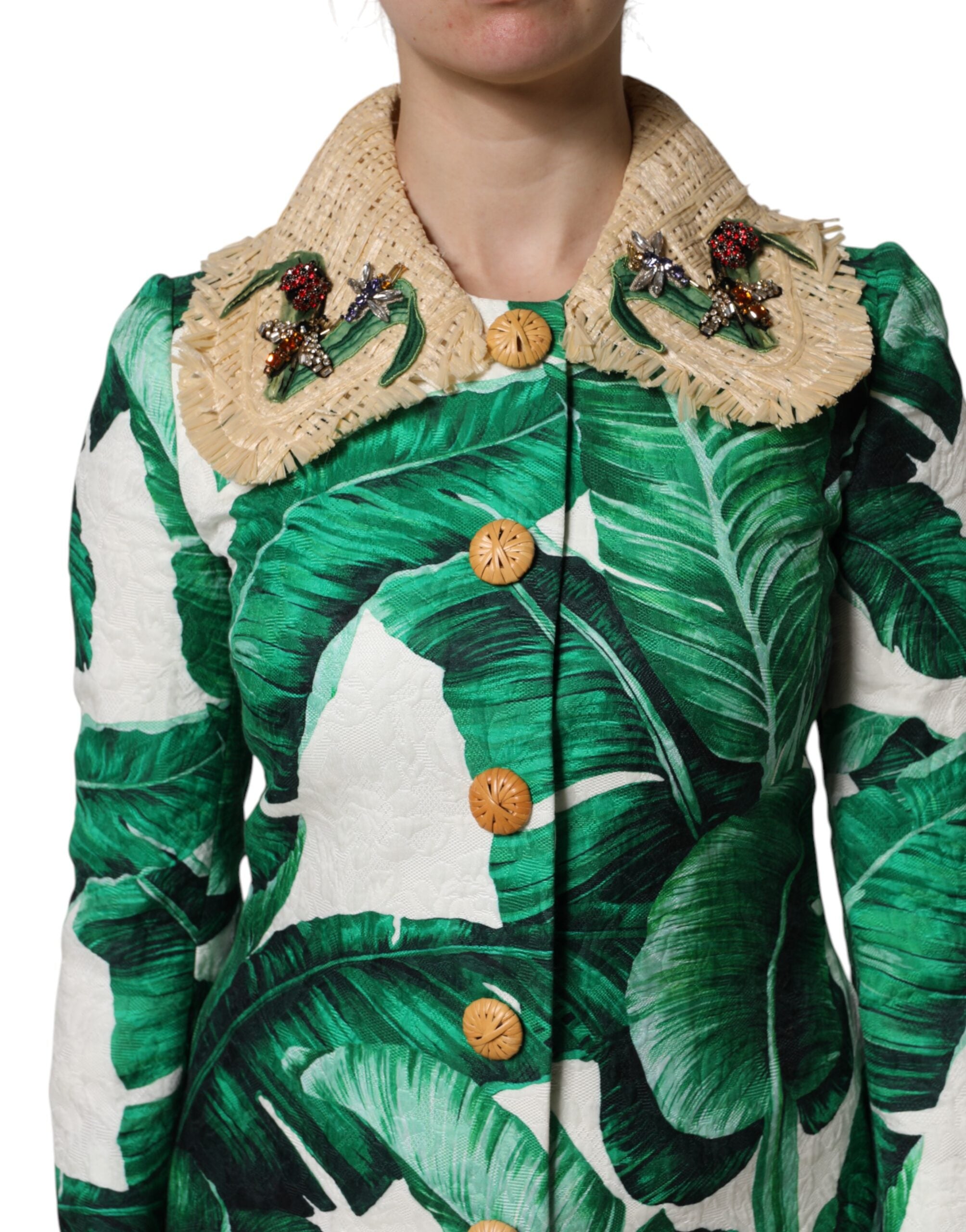 Dolce & Gabbana Multicolor Leaf Print Embellished Trenchcoat Jacket