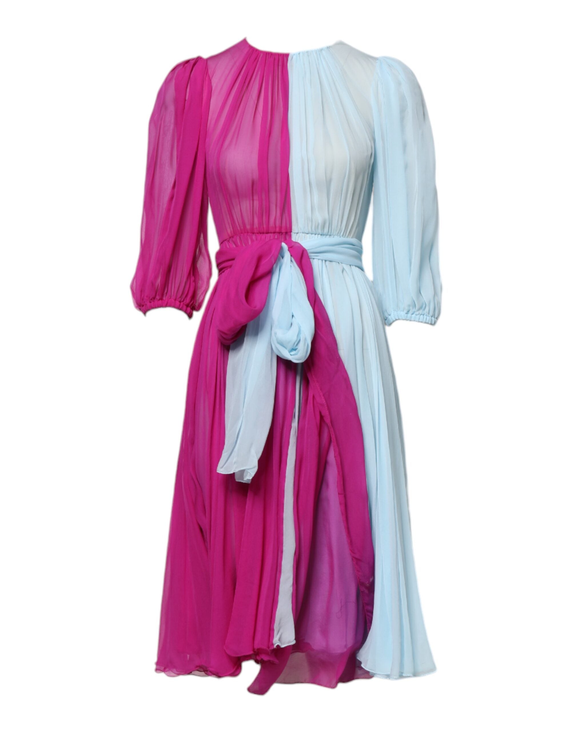 Pink Blue Silk 3/4 Sleeves A-line Dress