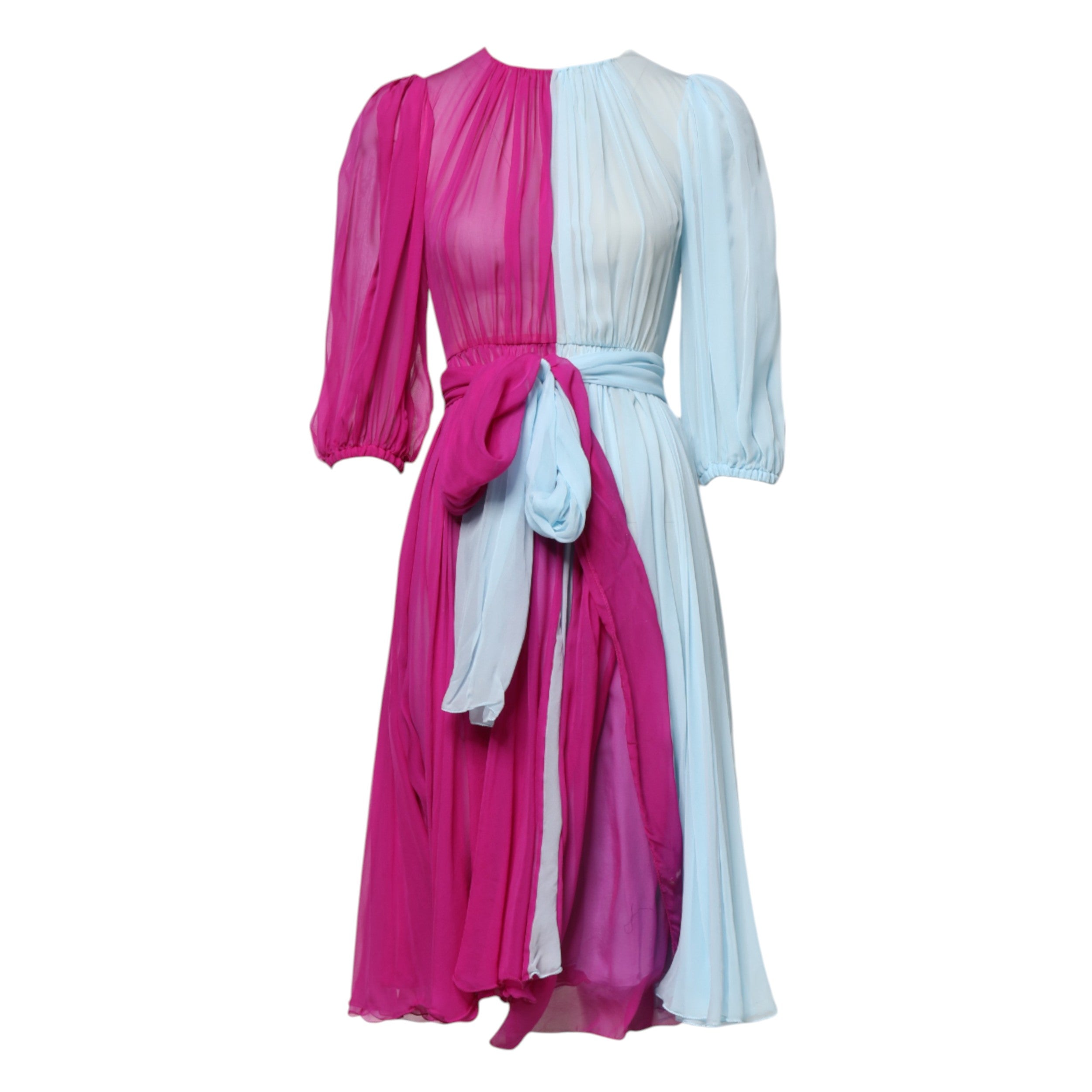 Pink Blue Silk 3/4 Sleeves A-line Dress