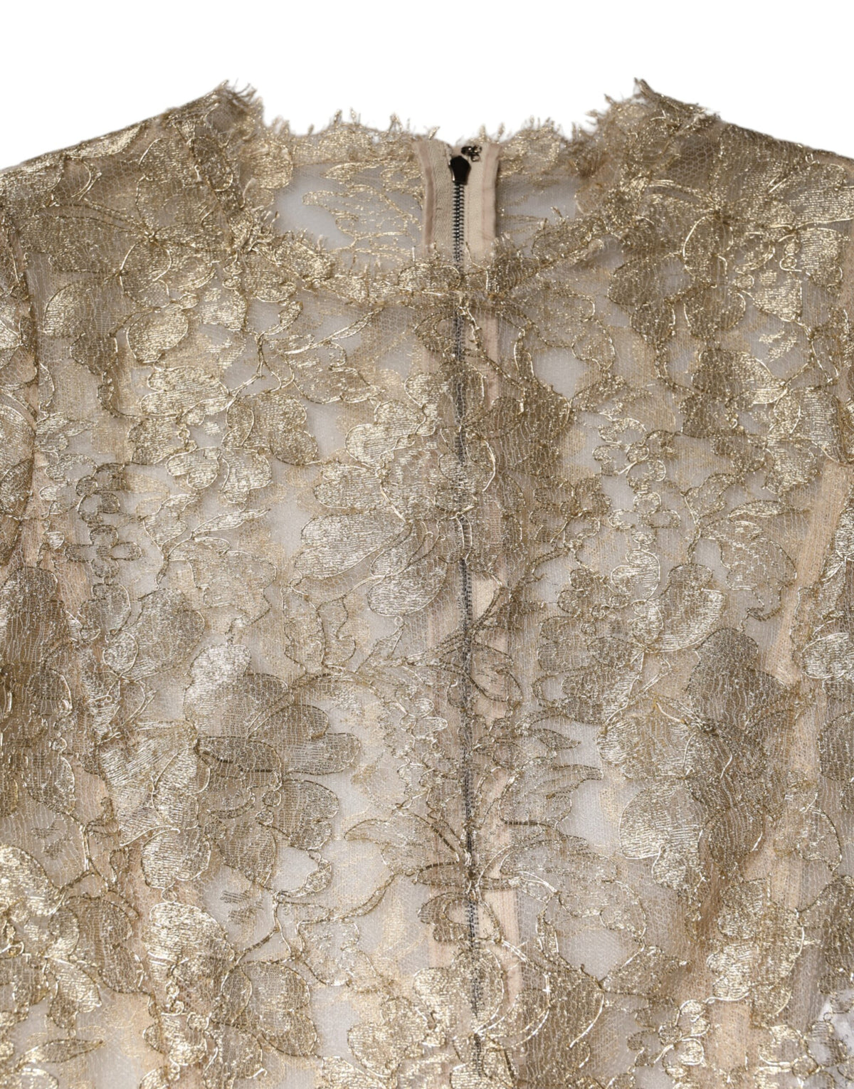 Dolce & Gabbana Gold Floral Lace Long Sleeves Fit & Flare Dress