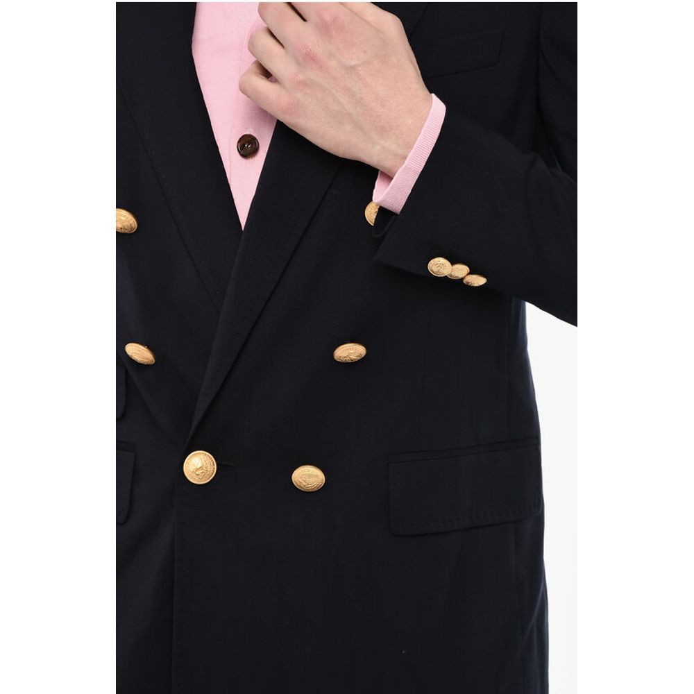 Flap Pockets Double Breasted Blazer with Golden Effect Butto
