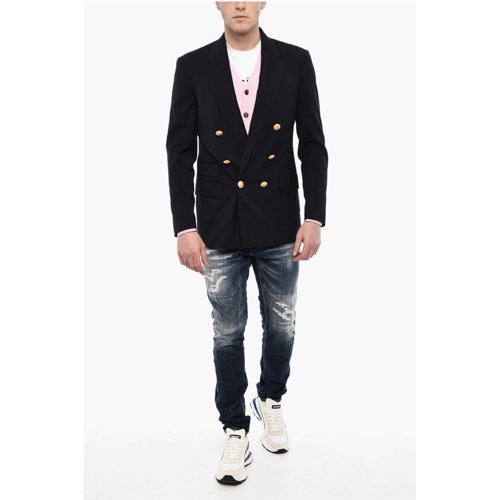 Flap Pockets Double Breasted Blazer with Golden Effect Butto