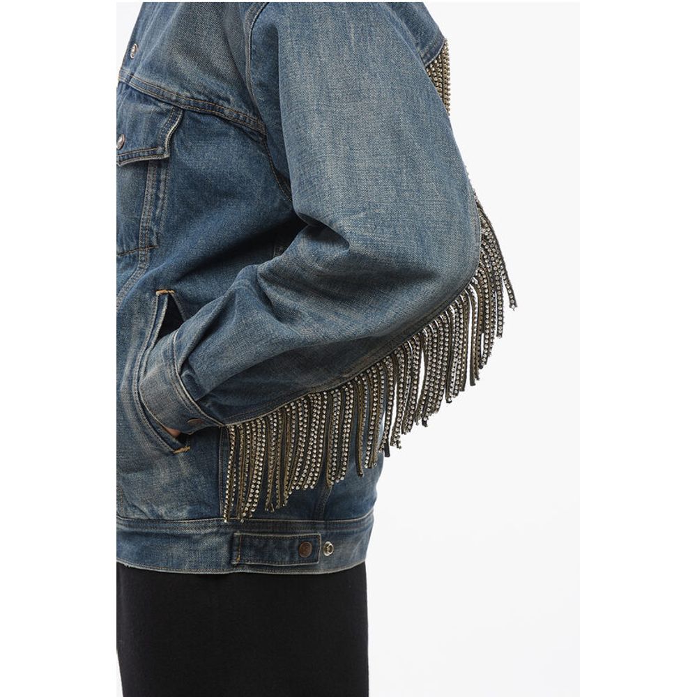 Shearling Lined Denim Jacket with Rhinestoned Fringes