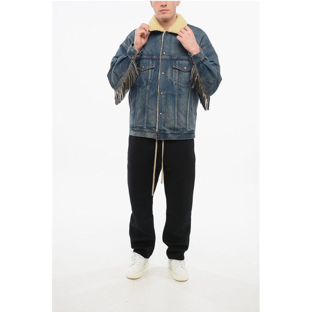 Shearling Lined Denim Jacket with Rhinestoned Fringes