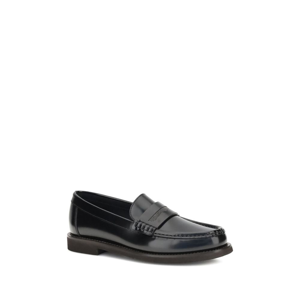 Brunello Cucinelli Black Calf Leather Bos Taurus Slip-On Loafers
