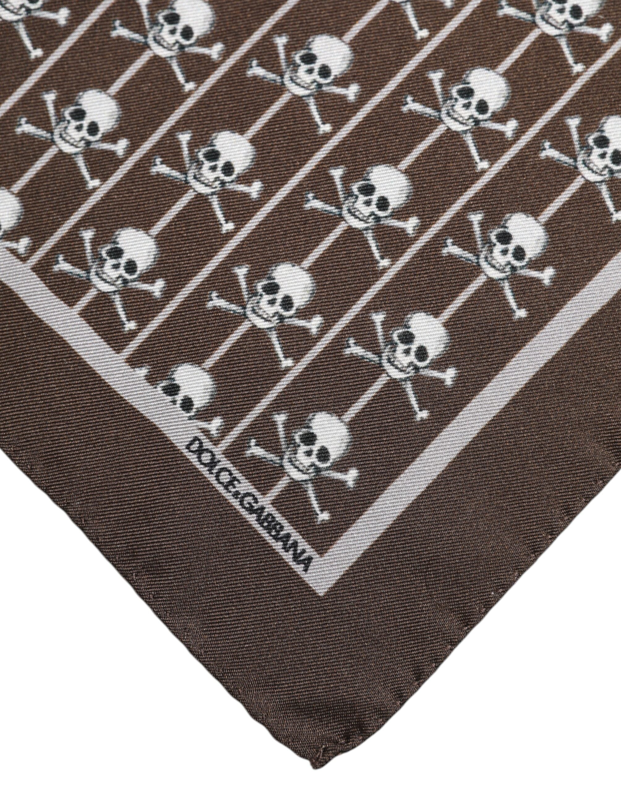 Dolce & Gabbana Brown Skull Silk Square Men Foulard Scarf