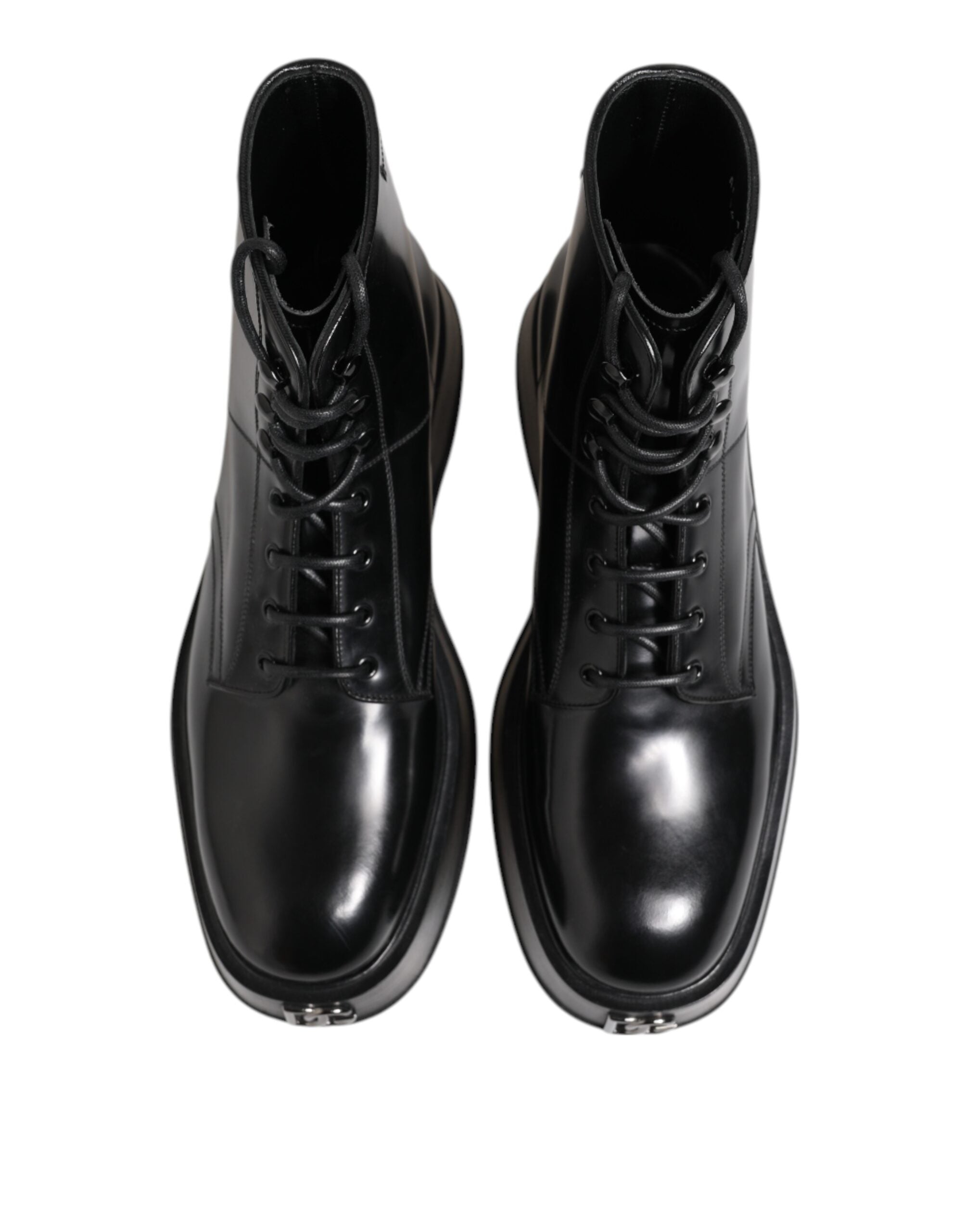 Dolce & Gabbana Black Leather Logo Ankle Boots Lace Up Shoes