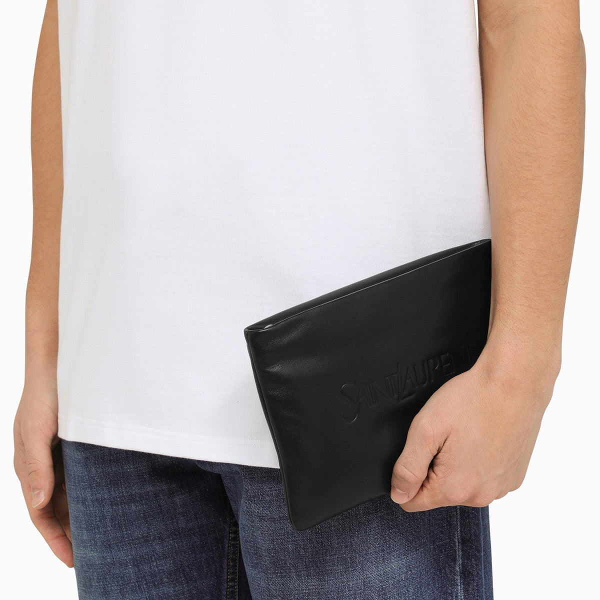 Saint Laurent Saint Laurent Black padded leather clutch bag with logo