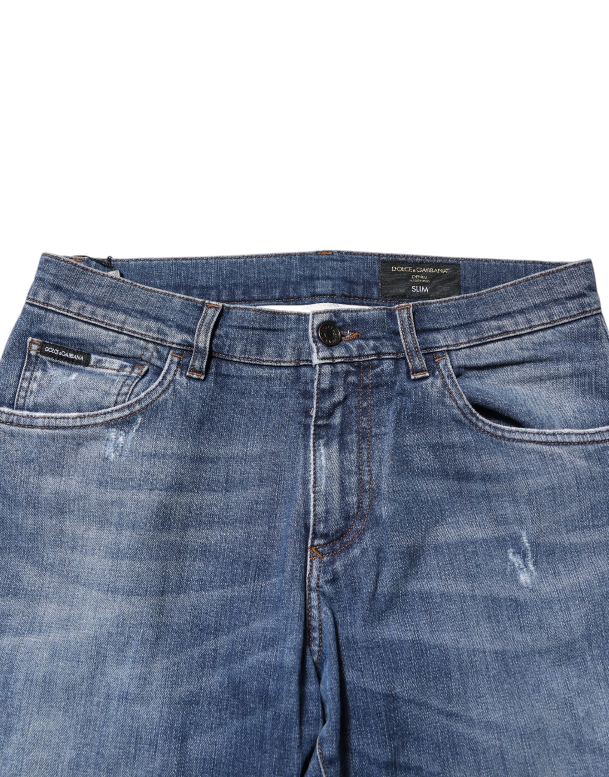 Dolce & Gabbana Blue Cotton Logo Plaque Denim Jeans