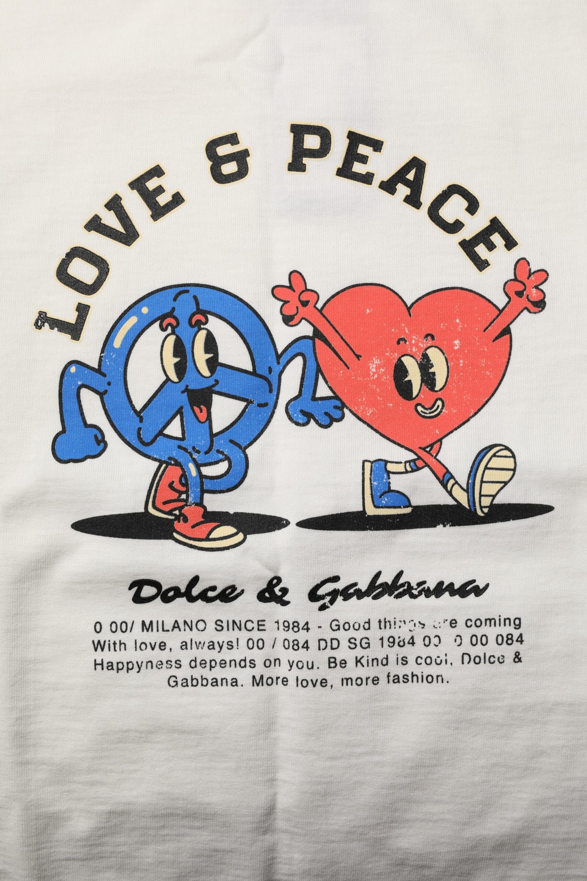 تي شيرت رجالي قطني أبيض من Dolce & Gabbana بقبة دائرية وطبعة Love Peace