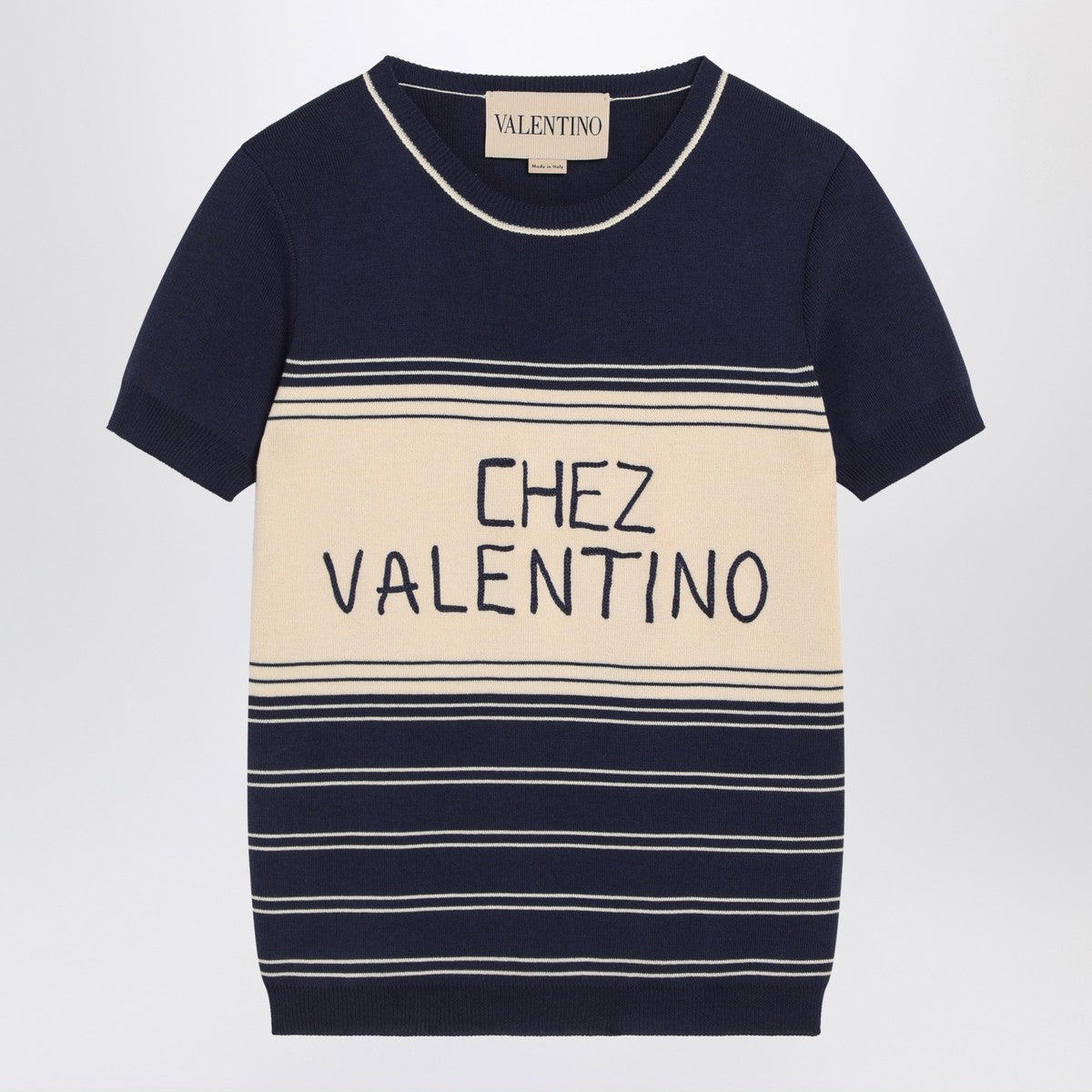 Valentino Blue ribbed top with Chez Valentino embroidery