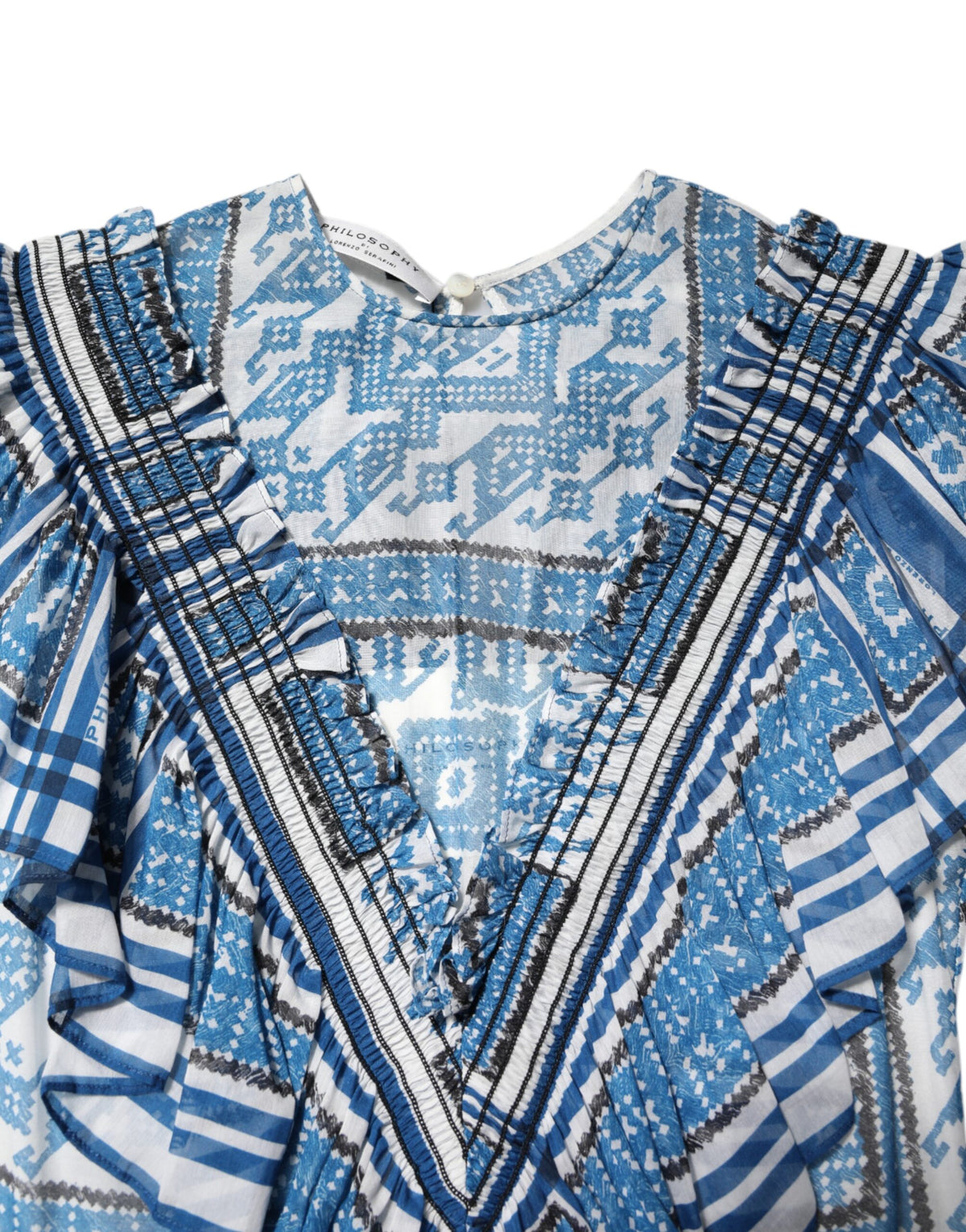 Philosophy di Lorenzo Serafini Blue Patterned Layered Short Sleeves Mini Dress