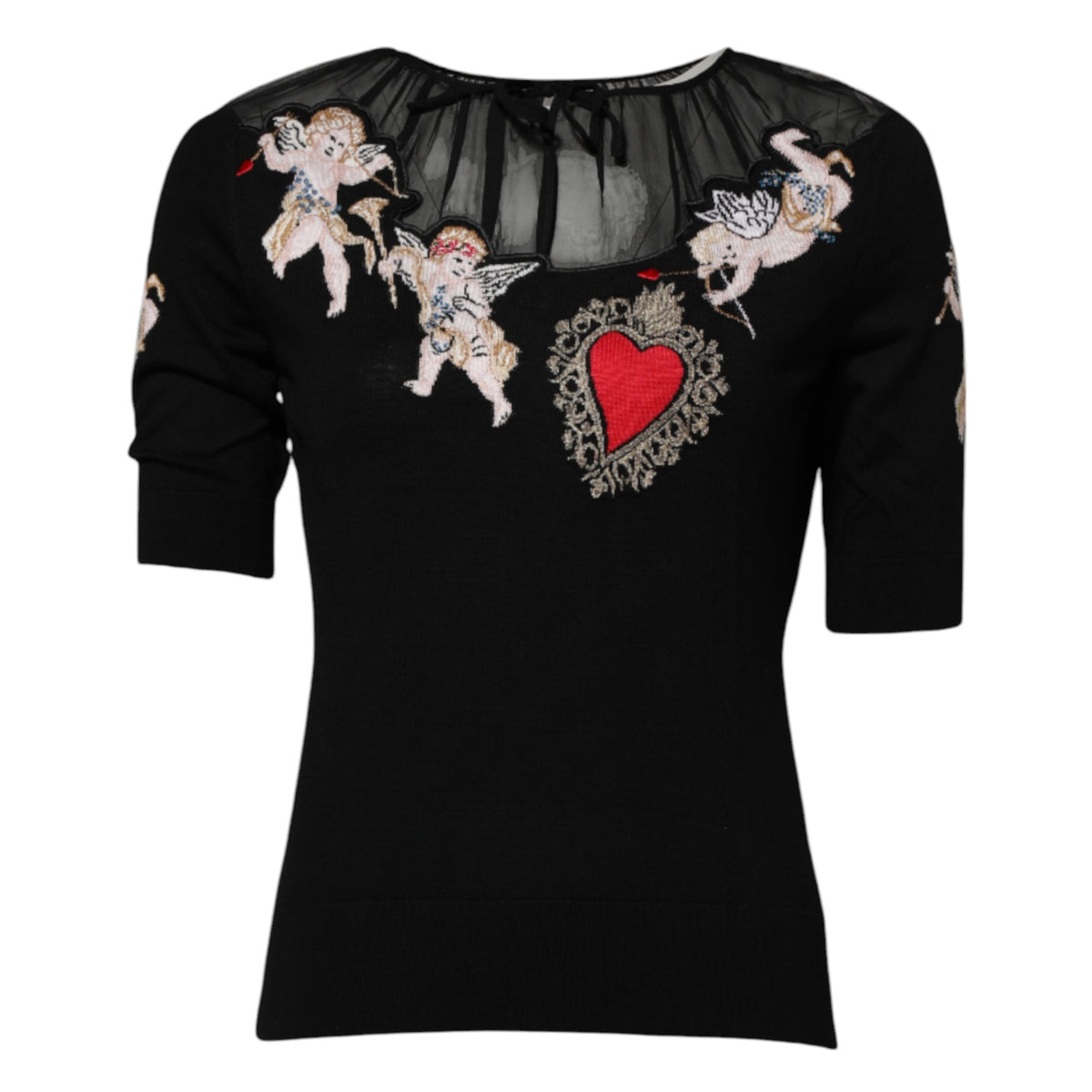 Dolce & Gabbana Black Sacred Heart Embroidered Crewneck Top