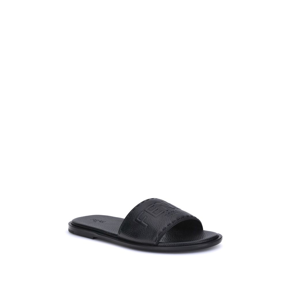 Fendi Black Calf Leather Bos Taurus Flat Sandals