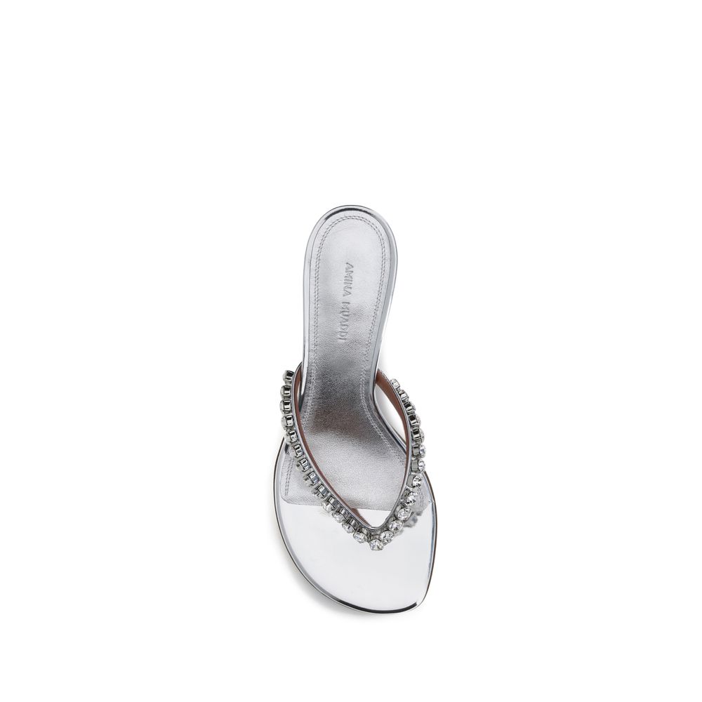 Amina Muaddi Silver Calf Leather Bos Taurus Stiletto Heel Sandals