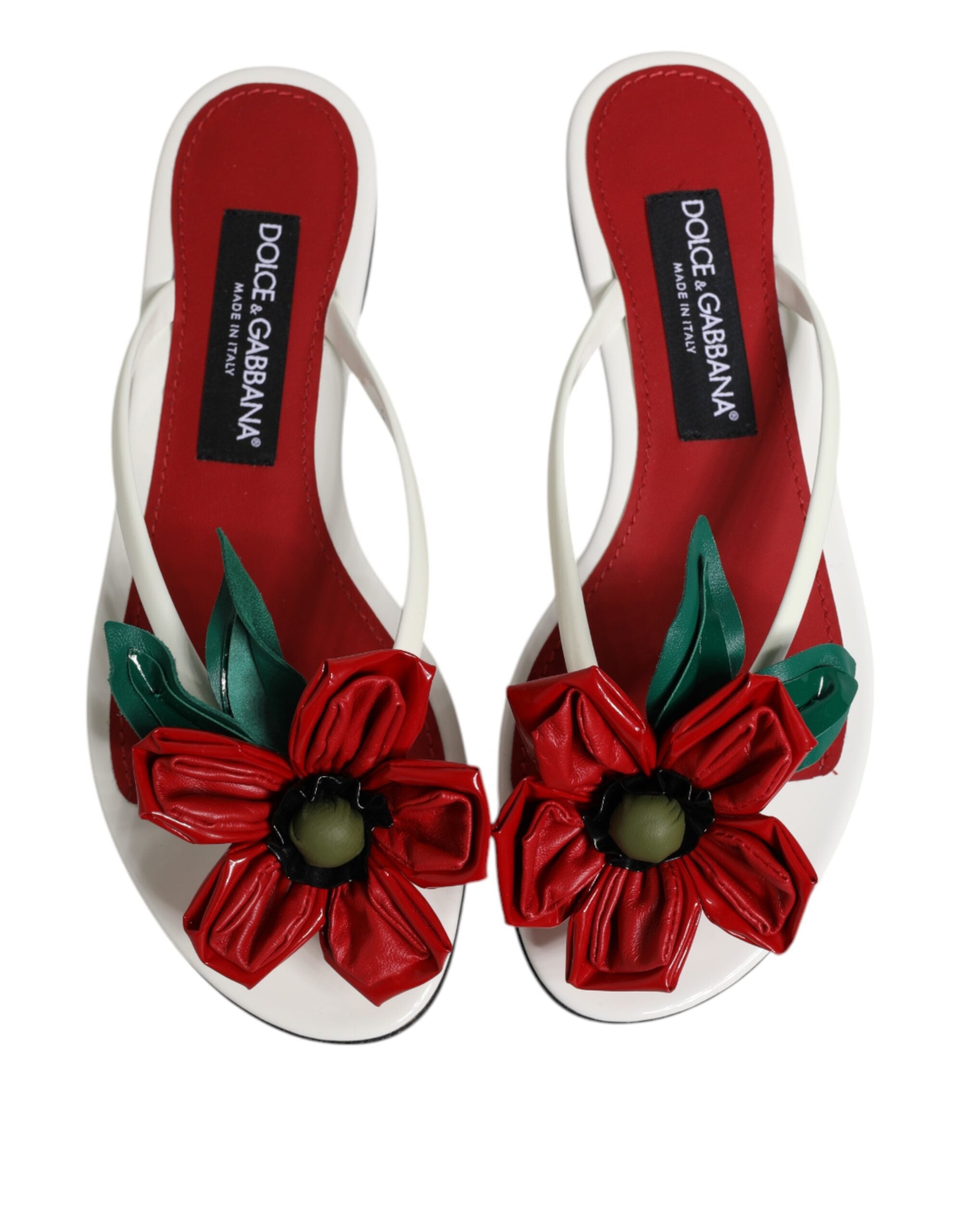 حذاء صندل جلدي من Dolce & Gabbana باللون الأحمر والأبيض KEIRA Flower