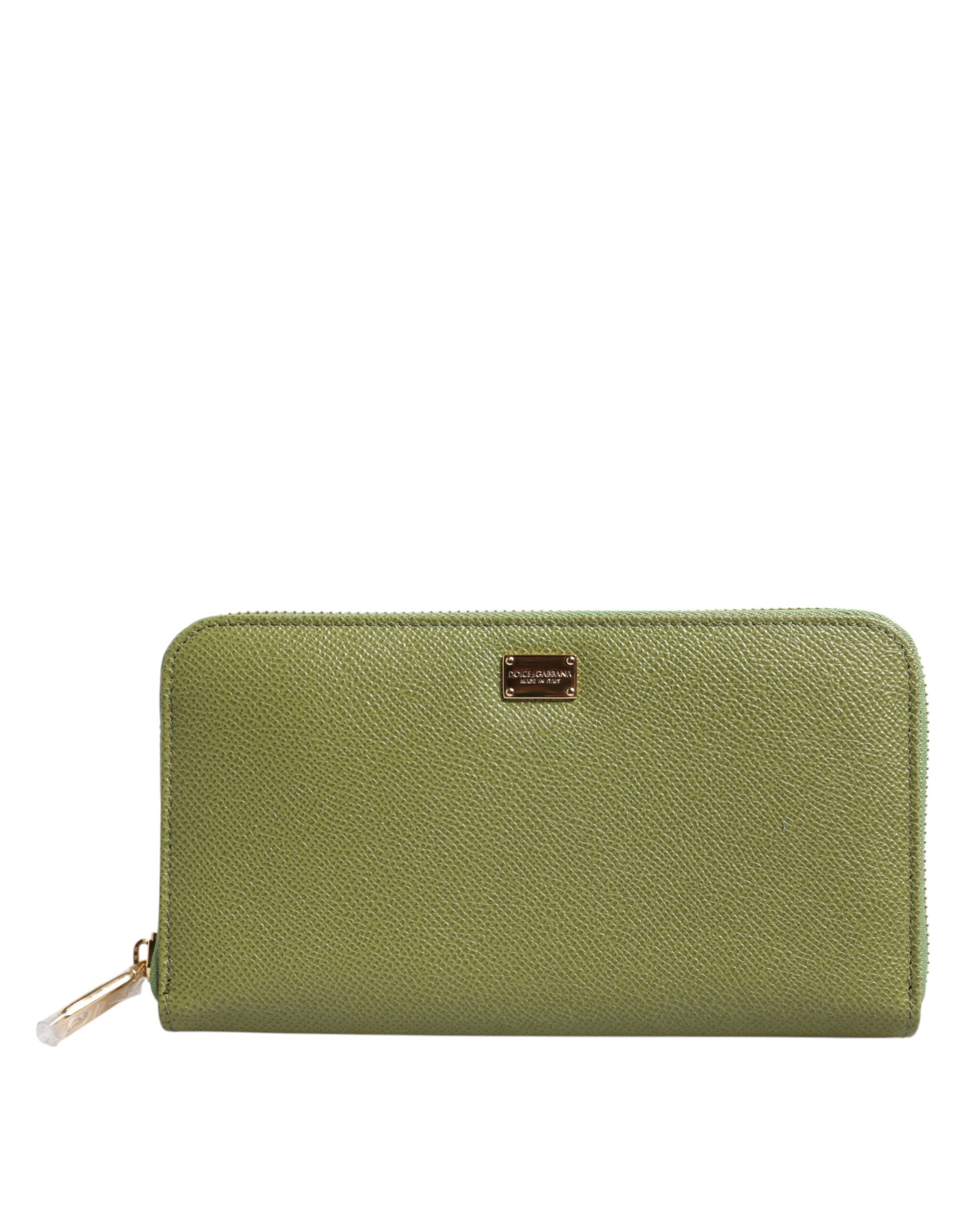 Dolce & Gabbana Green Leather Logo Plaque Zip Around Continenta Wallet