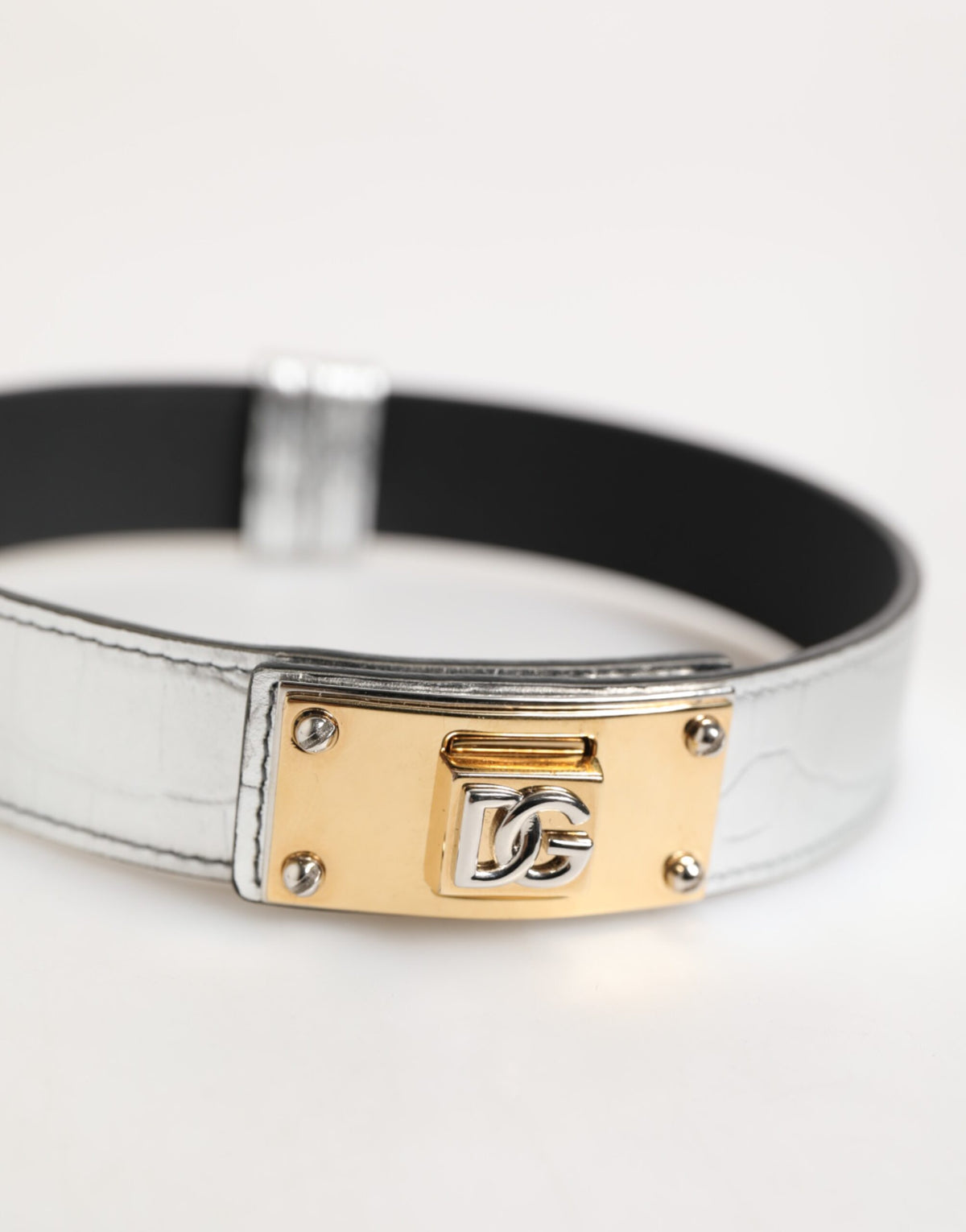 Dolce & Gabbana Silver Textured Leather Gold Tone Metal Neckband