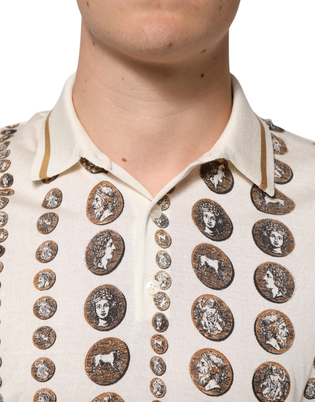 Dolce & Gabbana Silk Ivory Coin Print Logo Men Polo T-shirt