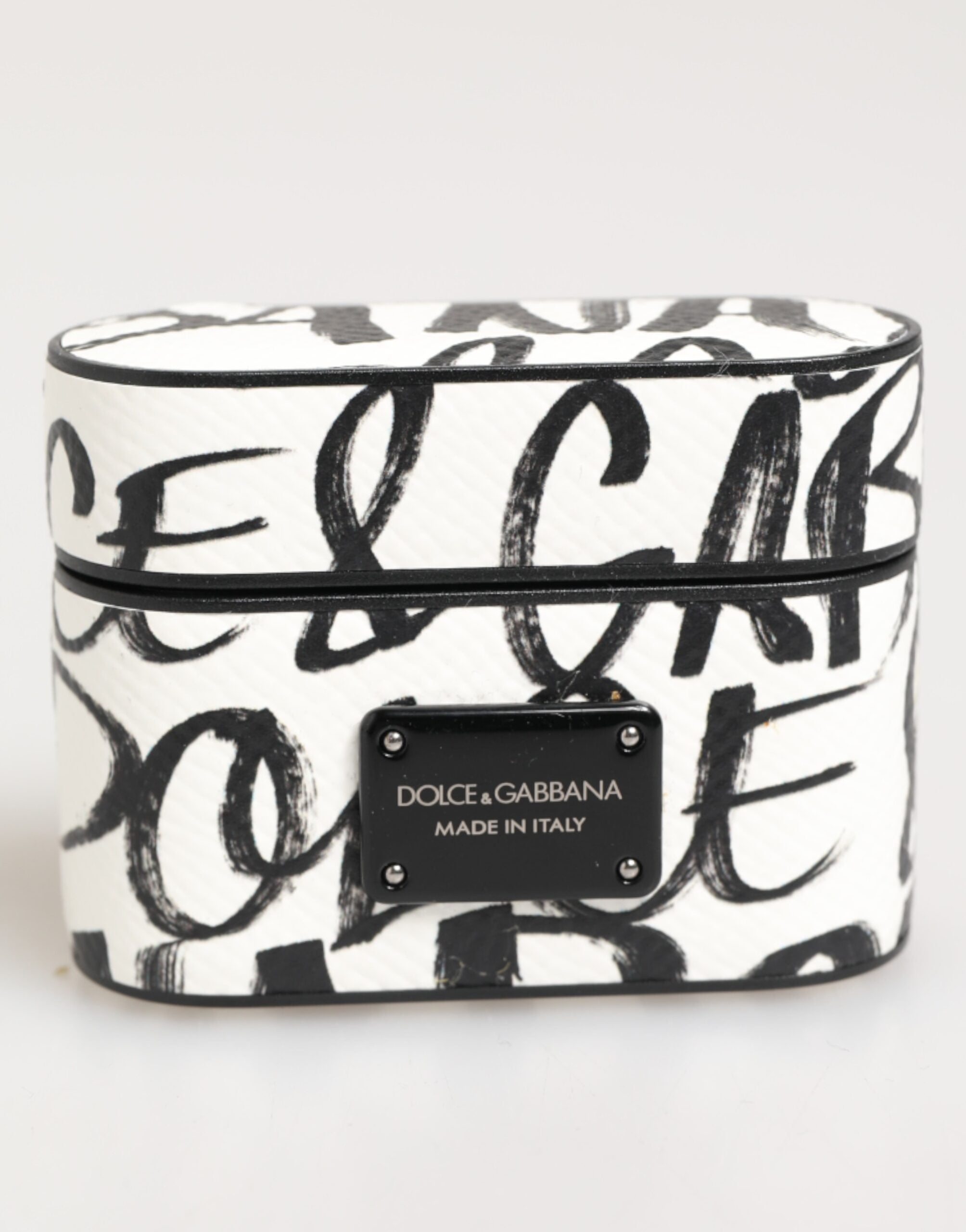 Dolce & Gabbana Black White Leather Monogram Print Logo Holder Airpods Case