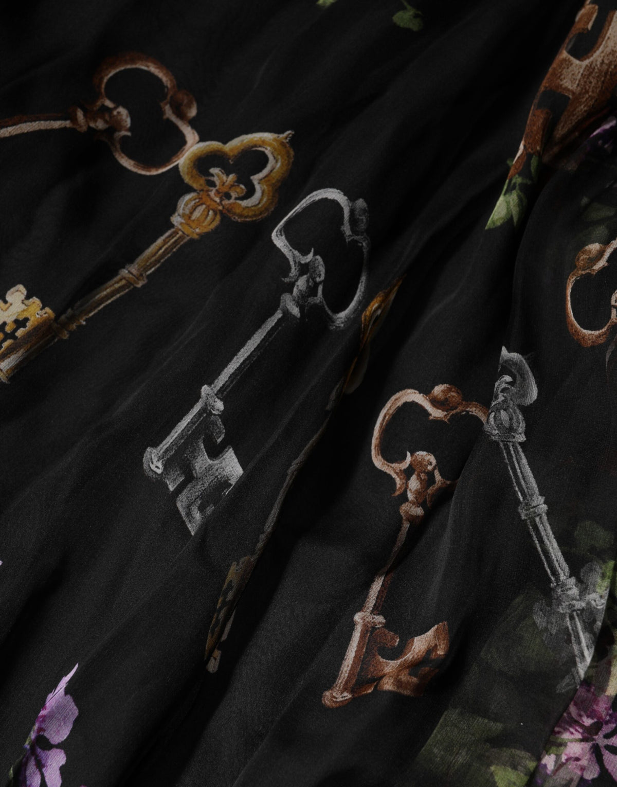 Dolce & Gabbana Black Floral Key Print Crystal Strapless Dress