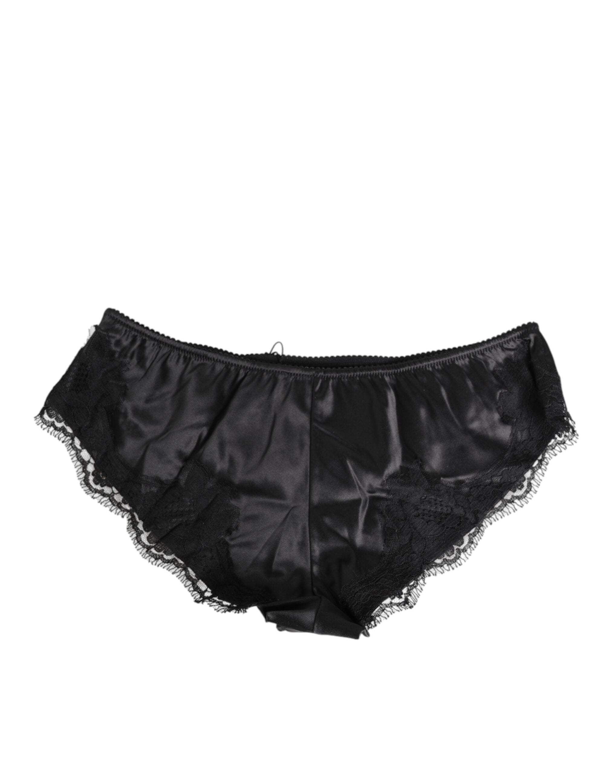 Dolce & Gabbana Black Silk Satin Lace Trim Panty Underwear