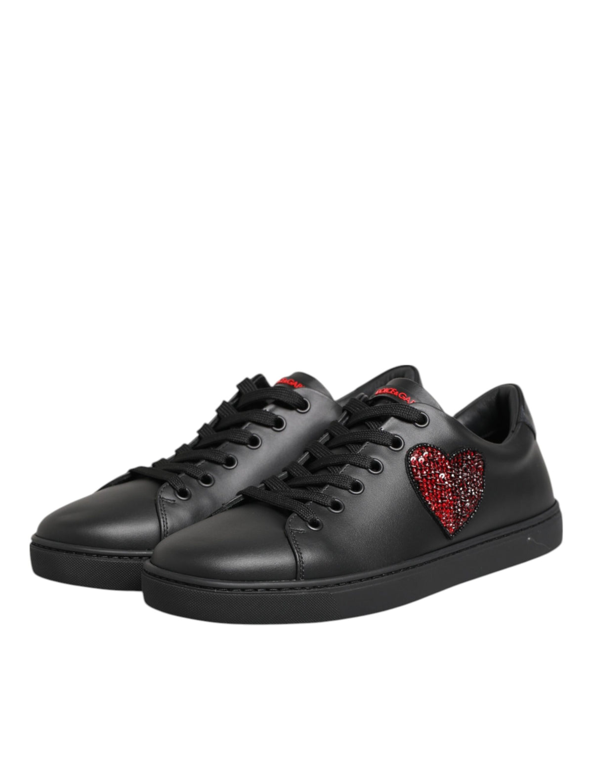 Dolce & Gabbana Black Leather Crystal Heart Low Top Sneakers Shoes