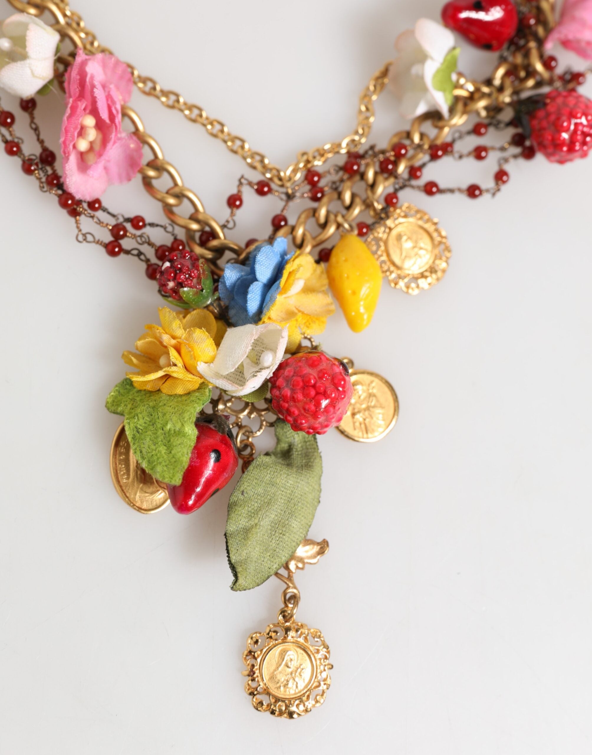 Dolce & Gabbana Estate Multicolor Floral Fruit Gold Chain Statement Necklace
