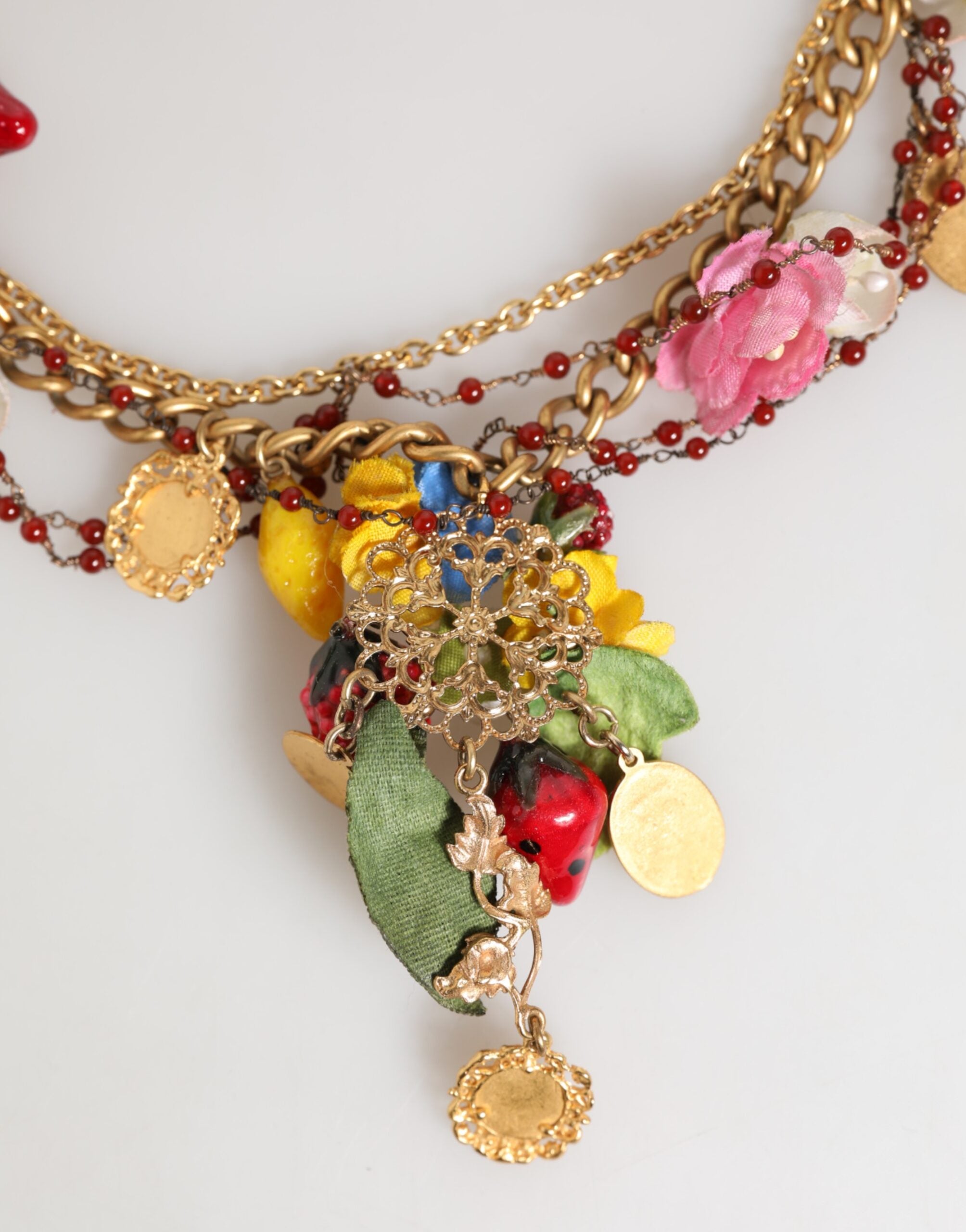 Dolce & Gabbana Estate Multicolor Floral Fruit Gold Chain Statement Necklace