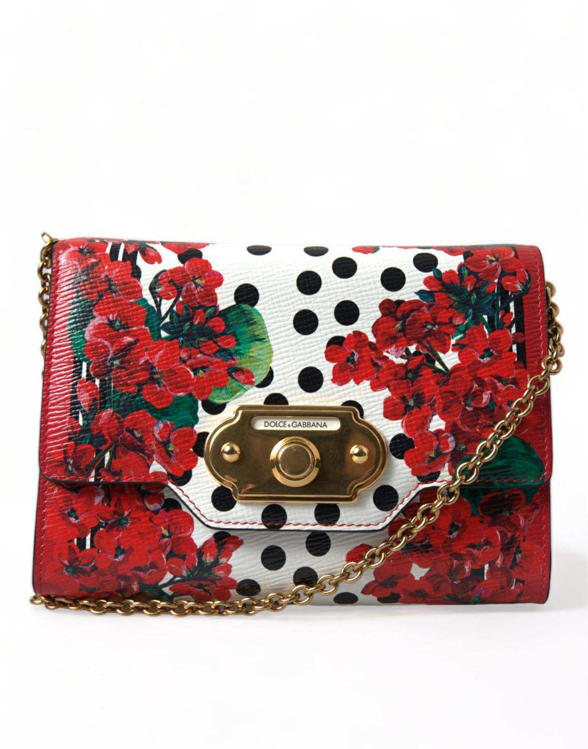 Dolce & Gabbana Red Floral Polka Dot Print Leather Chain DG Logo Shoulder Bag