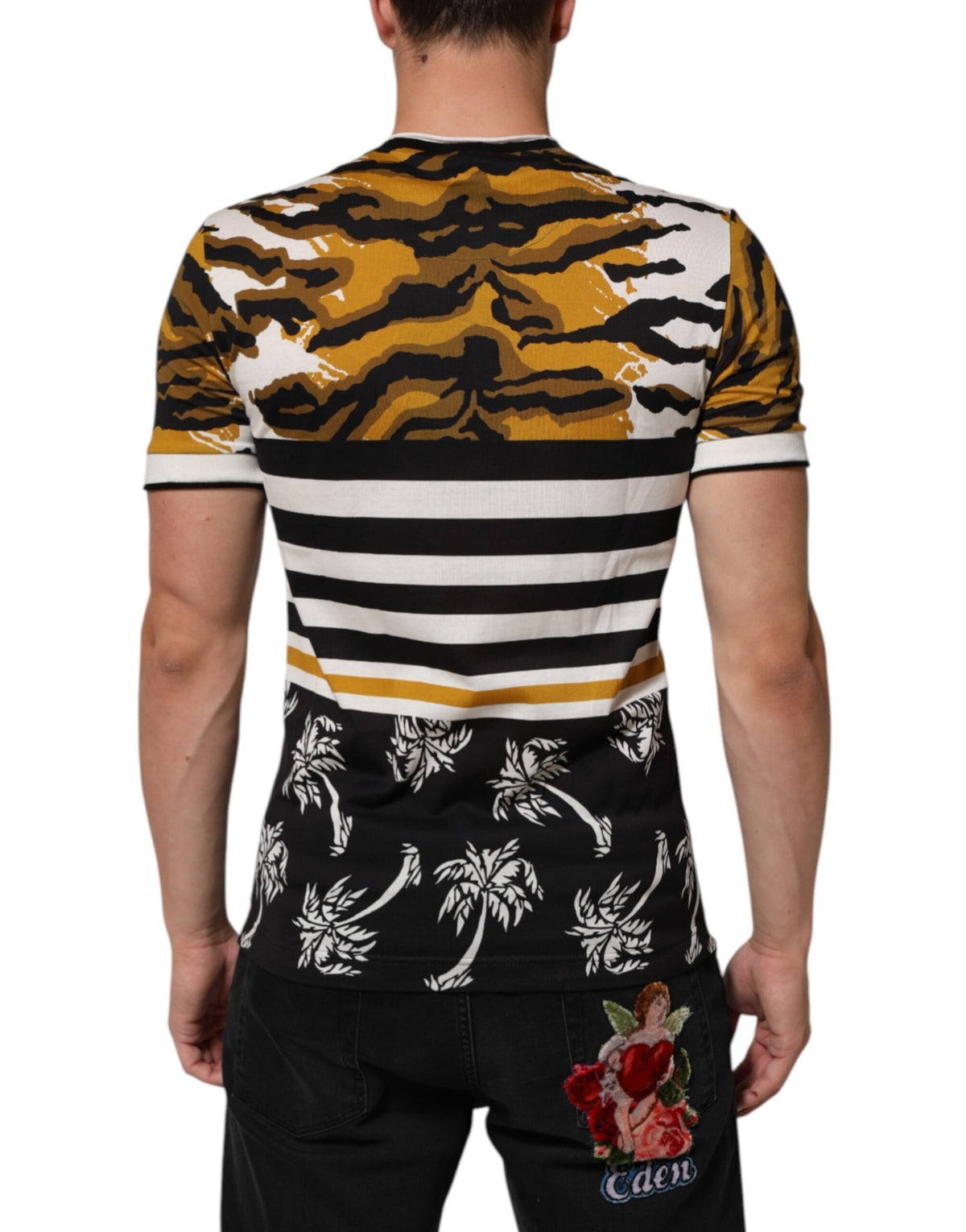 Dolce & Gabbana Multicolor Leopard Palm Leaf Men Crew Neck T-shirt