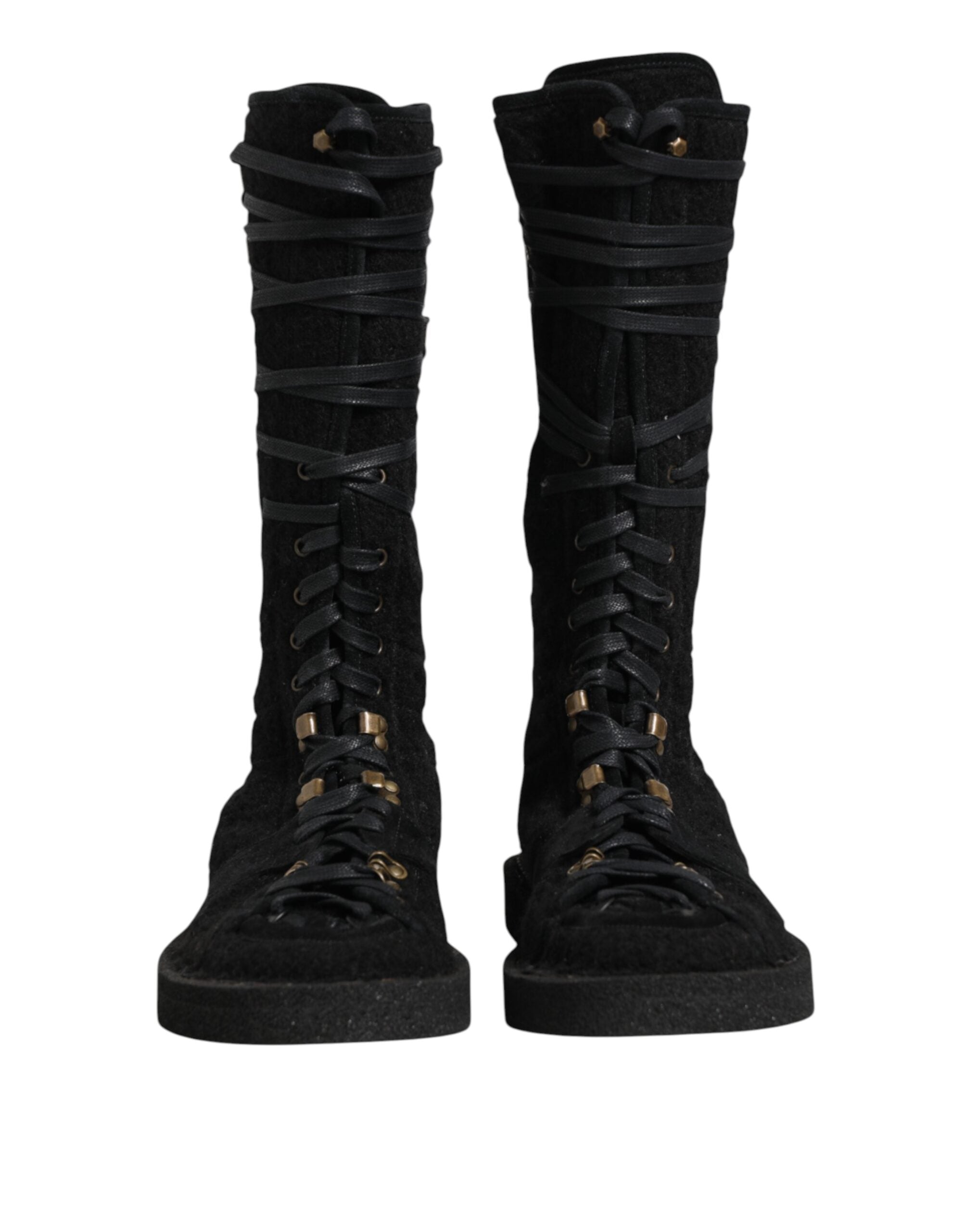 Dolce & Gabbana Black Alpaca Wool Suede Mid Calf Boots Shoes