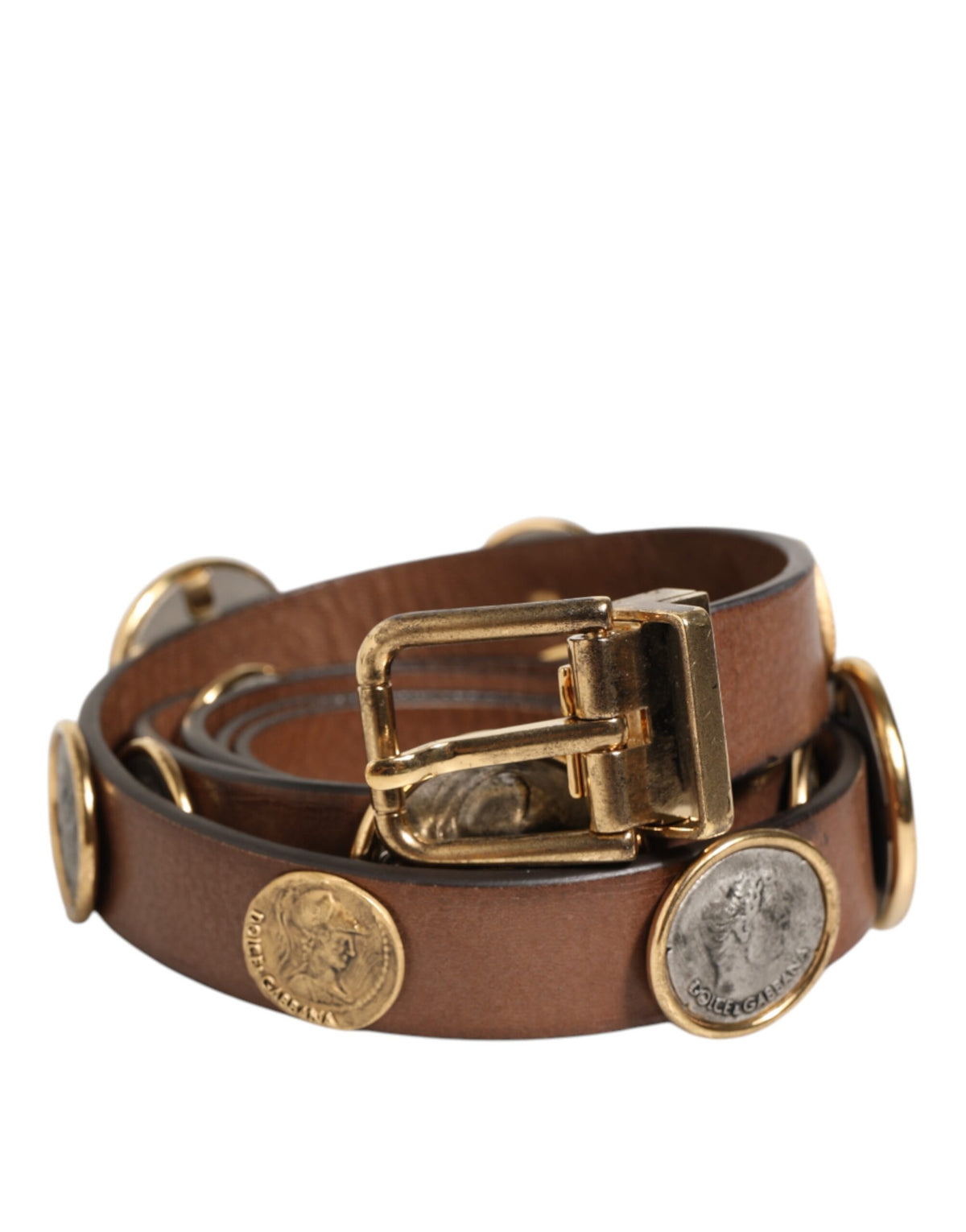 Dolce & Gabbana Brown Leather Gold Silver Coin Buckle Belt