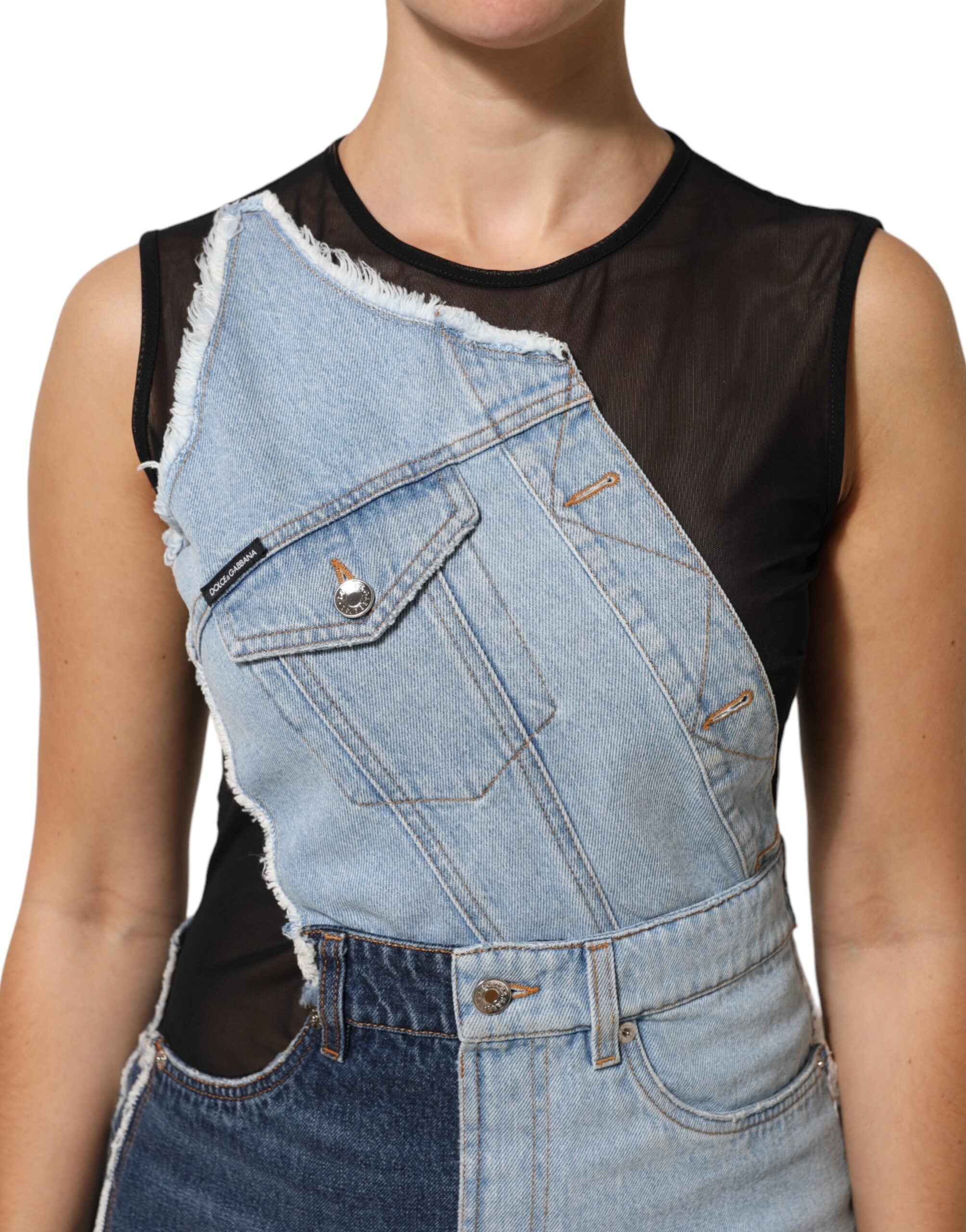 فستان قصير من قماش الدنيم المرقّع من النايلون باللون الأزرق من دولتشي آند غابانا