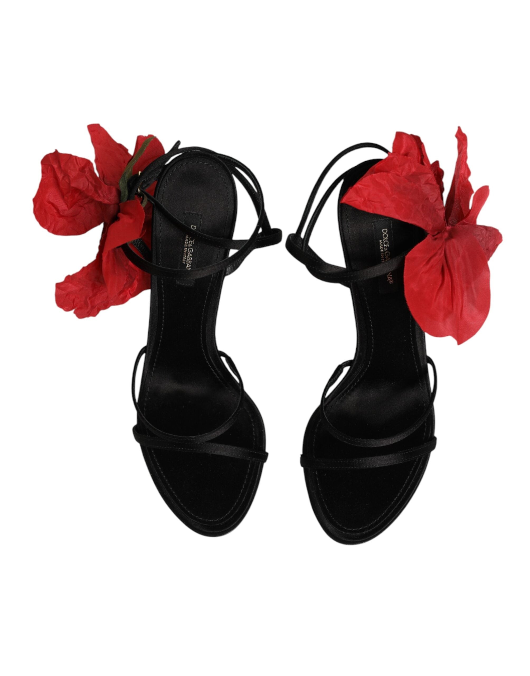 Dolce & Gabbana Black Leather Strappy Flower Heels Sandals Shoes