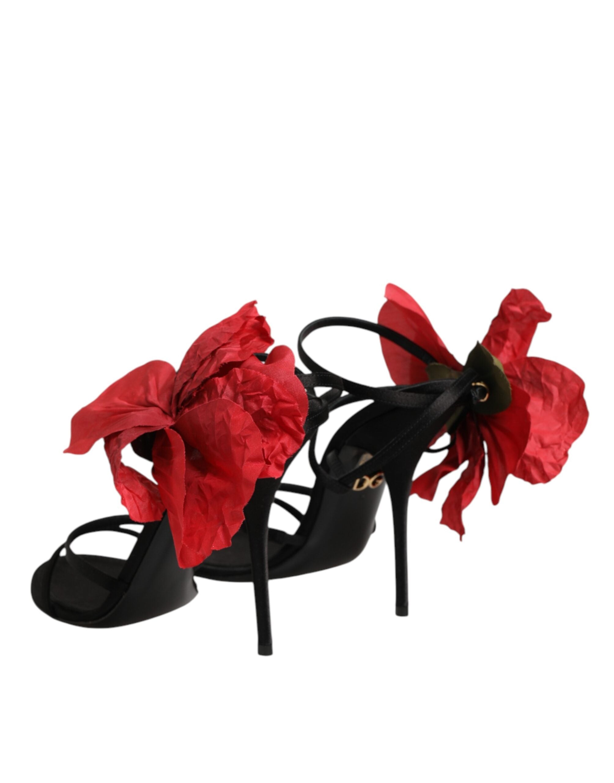 Dolce & Gabbana Black Leather Strappy Flower Heels Sandals Shoes