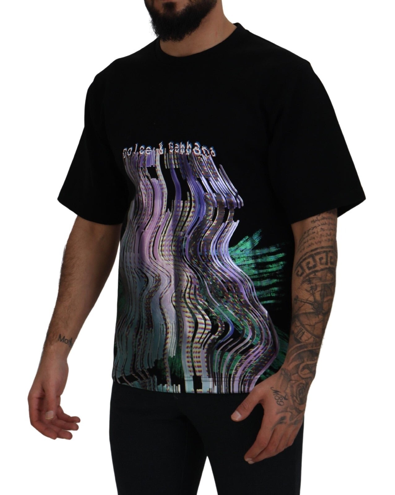 تي شيرت دولتشي آند غابانا قطني أسود مطبوع برقبة دائرية